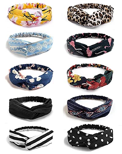 FLYBUY Women's 12 Pack Headbands - Elastic Solid Hair Wraps & Stretchy Turban Headbands with Floral Print - Vintage Hair Accessories (12 Pcs, Multicolor) for Yoga, Workout, Running and Everyday Fashion