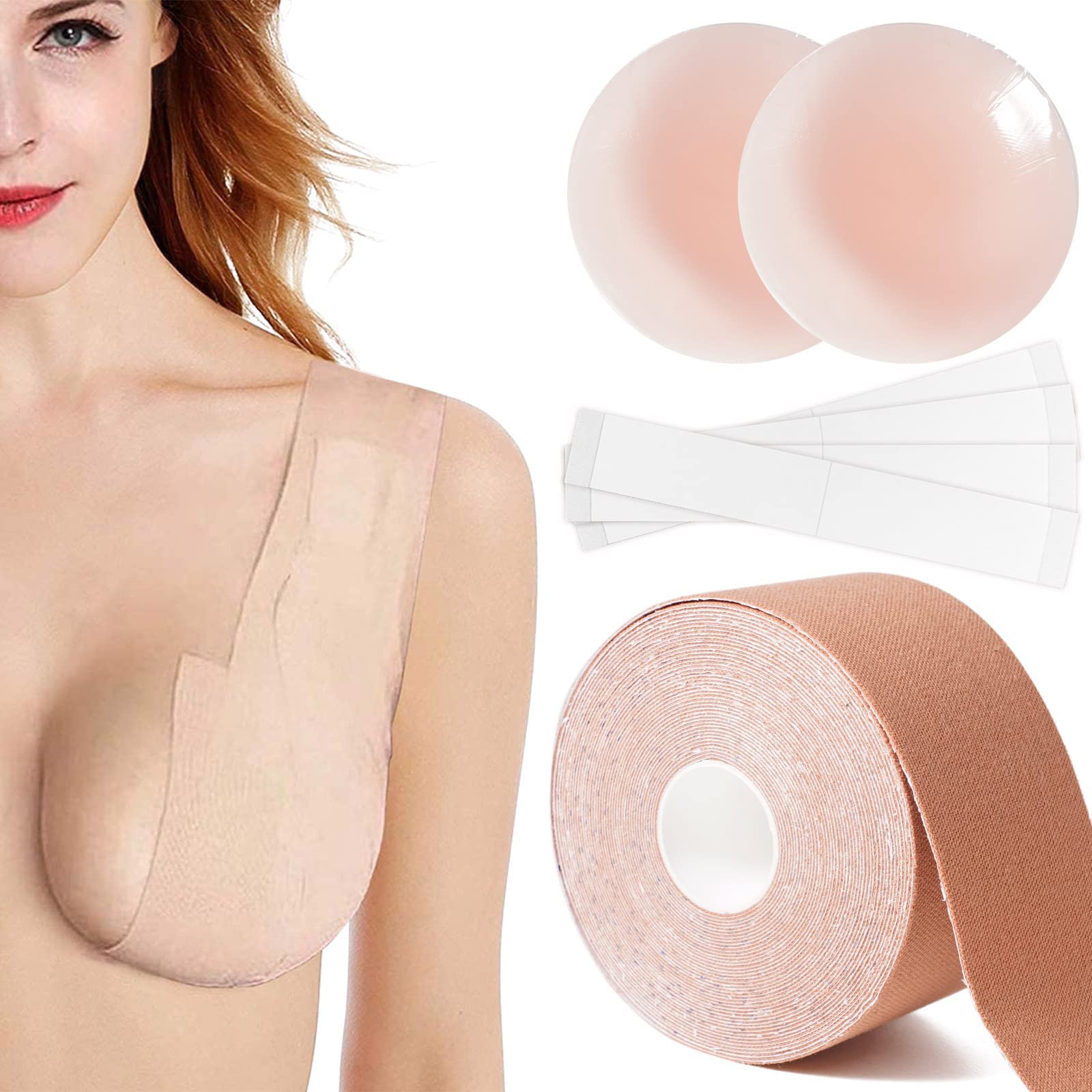 Boob Tape Breast Lift Tape - Adhesive Bra for A-E Cup with 1 Pair Reusable Silicone Nipple Covers & 40Pcs Clothing/Body Tape - Perfect for Backless Dresses, Swimwear & Special Occasions