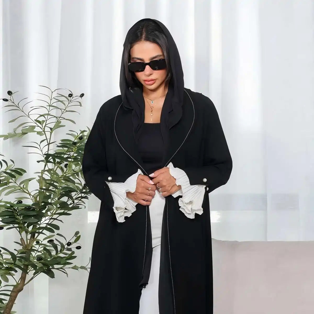 Urgarment Black Pleated Sleeve Open Abaya Dress #25170 - Elegant Muslim Women's Cardigan for Prayer, Home & Special Occasions