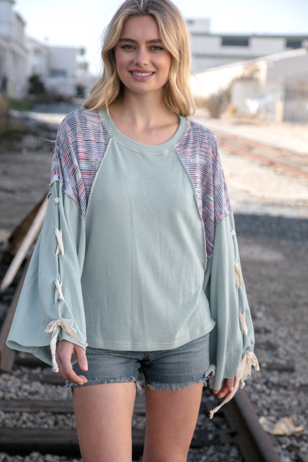 Stylish Mint Lace-Up Long Sleeve French Terry Oversized Pullover Sweatshirt | Women's Casual Loungewear for Fall & Winter | Perfect for Coffee Dates, Weekend Errands and Cozy Nights