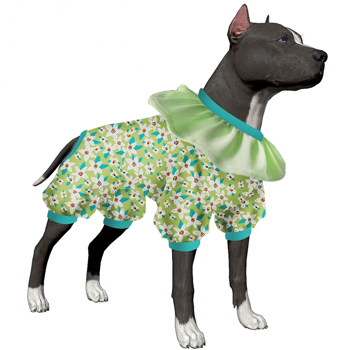 LovinPet Large Dog Onesies 3XL – Anti-Licking Dog Recovery Suit & Fashion Pajamas | Lightweight Citrus Blossom Green Print Dog Clothing | Easy to Wear Adorable Jumpsuit for Post-Surgery, Anxiety Relief & Home Comfort