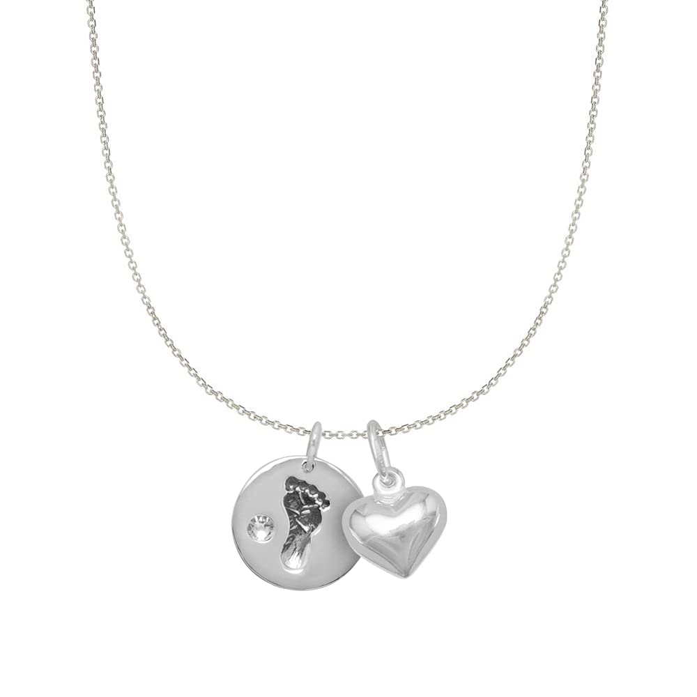 Sterling Silver Clear Crystal Baby Footprint & Heart Charm Necklace - Personalized Keepsake Jewelry for Newborns, Christening Gifts & Mother's Day Presents | Perfect for Special Occasions & Cherished Memories