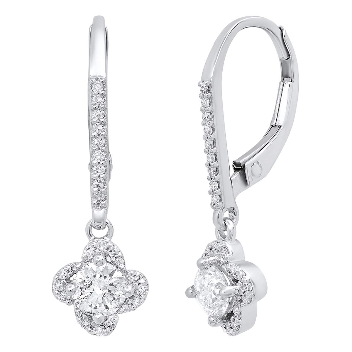 Dazzlingrock 10K White Gold Round Diamond Halo Flower Dangle Earrings for Women - 0.60 Cttw, Elegant Dangling Jewelry for Weddings, Parties & Special Occasions
