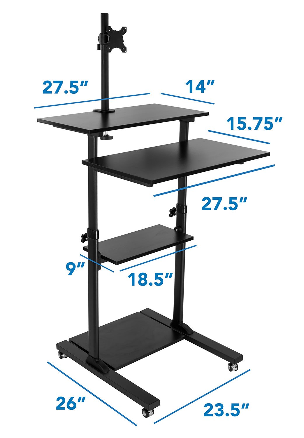 Mount-It MI-7942B Adjustable Mobile Standing Desk - Rolling Workstation with Monitor Arm for Home & Office - Ergonomic Height-Adjustable Computer Cart (Black) | Perfect for Remote Work, Presentations & Small Spaces