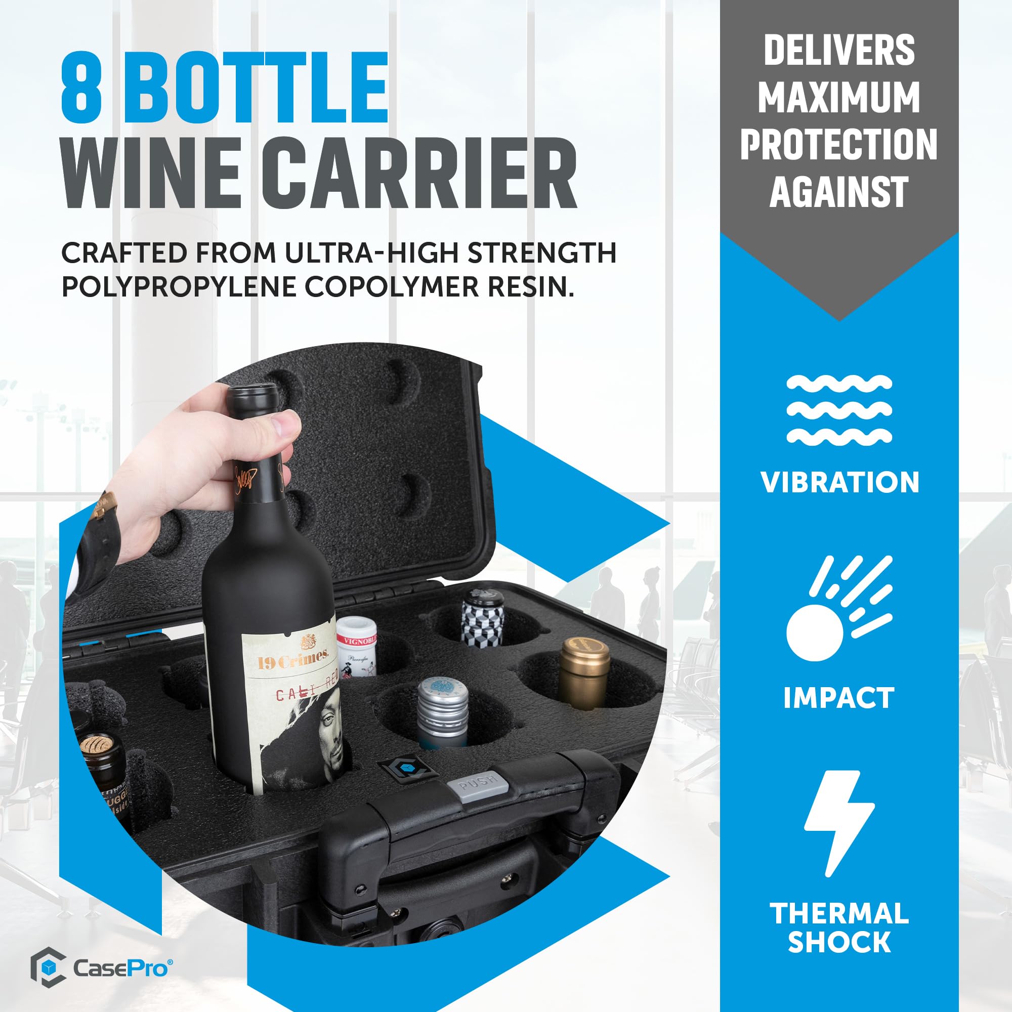 Premium Wine Travel Carrier Case - Heavy-Duty 8-Bottle Wine Luggage with Wheels | Airplane Approved Wine Bottle Suitcase | Durable Wine Transport for Travel, Gifts & Parties | Black CP-WINE-8B