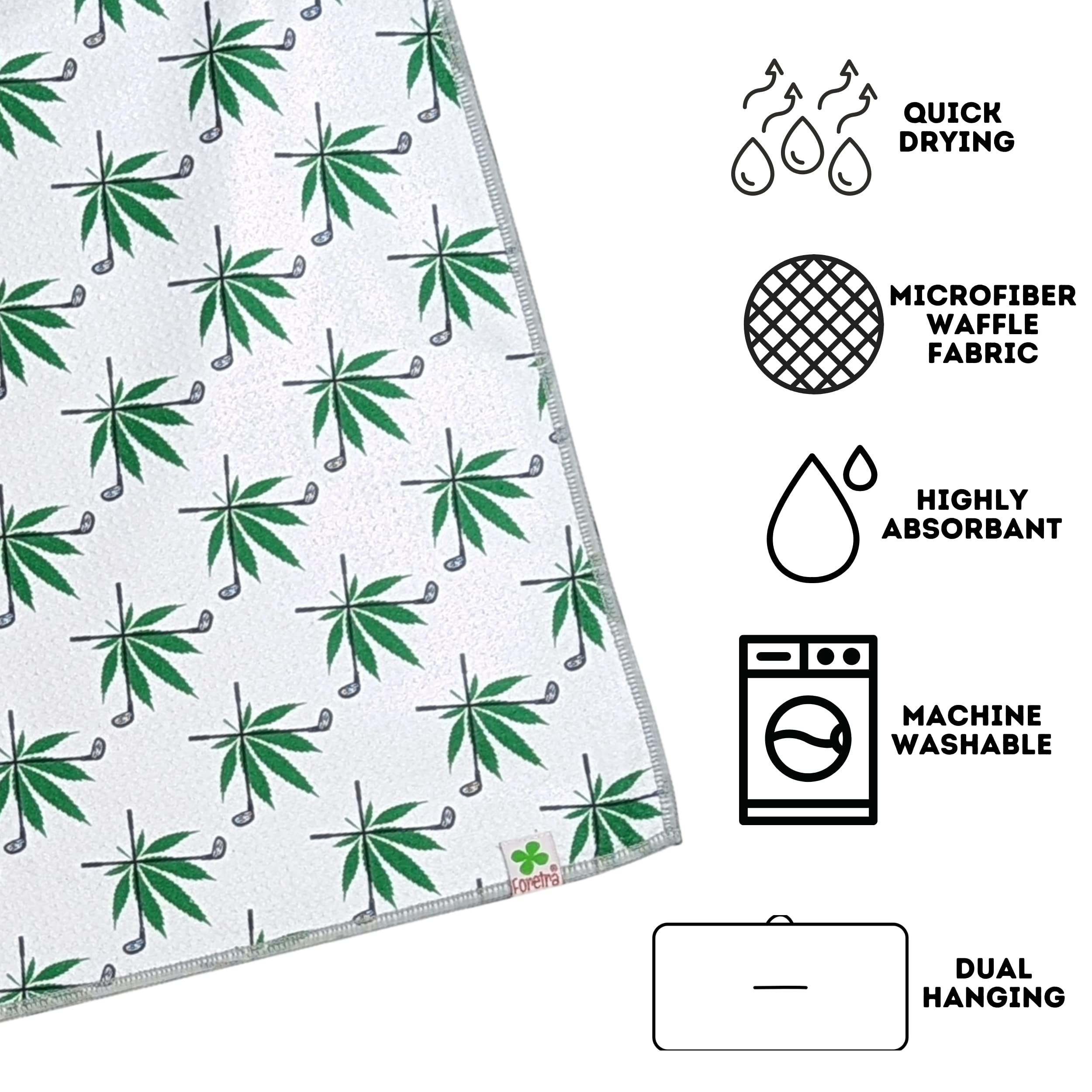 Foretra Premium Golf Waffle Towel - Herbal Accuracy Design - Lightweight Microfiber with Dual Hanging System - Perfect for Golf Course, Driving Range & Sports Training