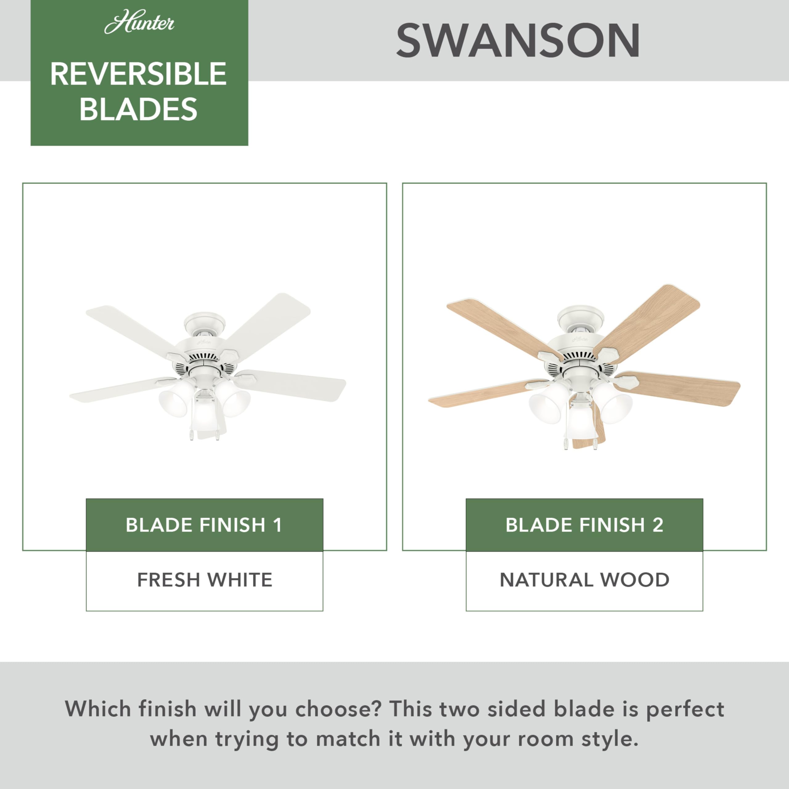 Hunter 50885 Swanson 44-Inch Fresh White Ceiling Fan with Light - Perfect for Living Room, Bedroom, and Indoor Spaces
