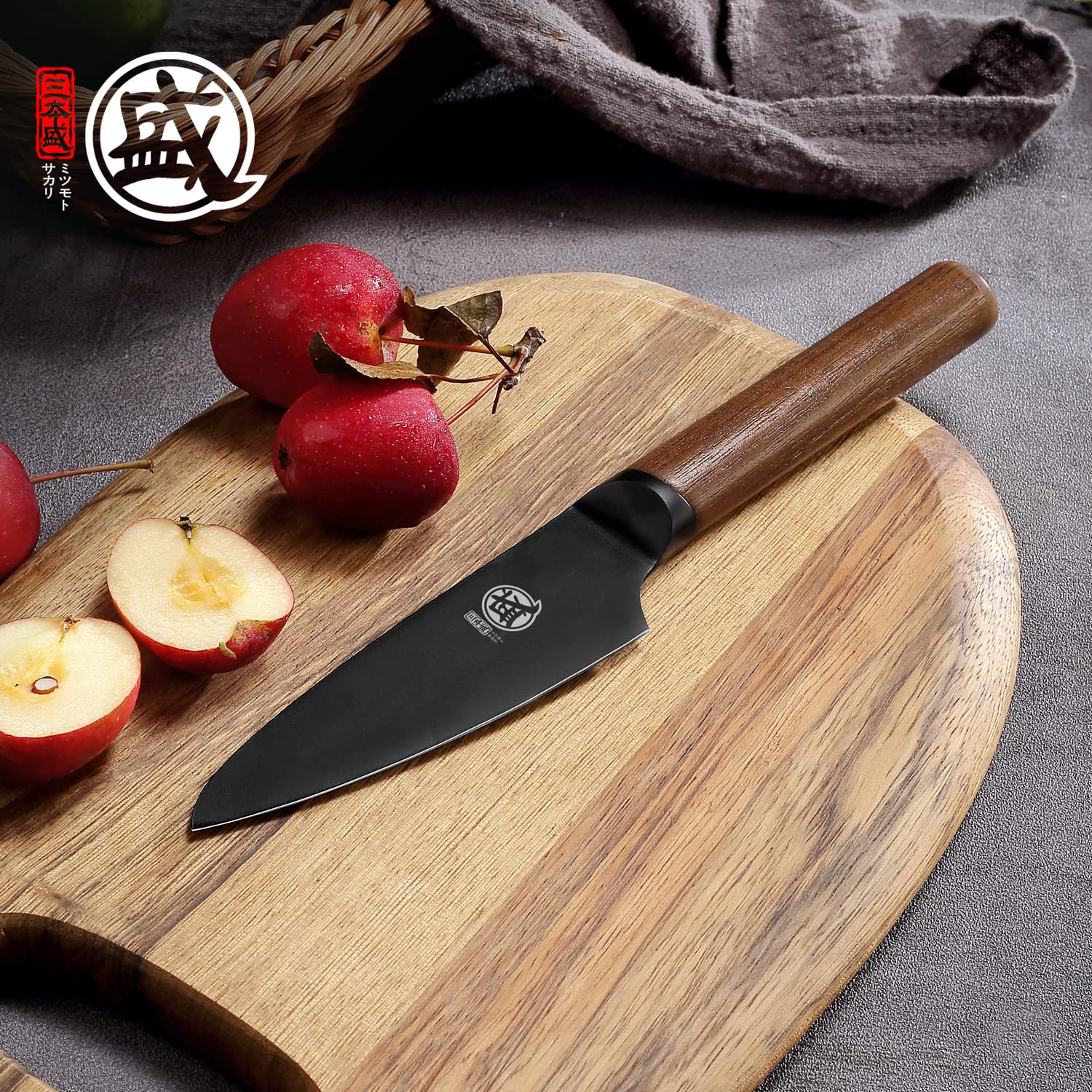 MITSUMOTO SAKARI 4.5 Inch Japanese Paring Knife - Professional Black Titanium Coated Fruit Knife | Ultra Sharp German Alloy Steel Petty Chef Knife with Walnut Handle | Perfect for Peeling, Slicing Fruits & Precision Kitchen Tasks