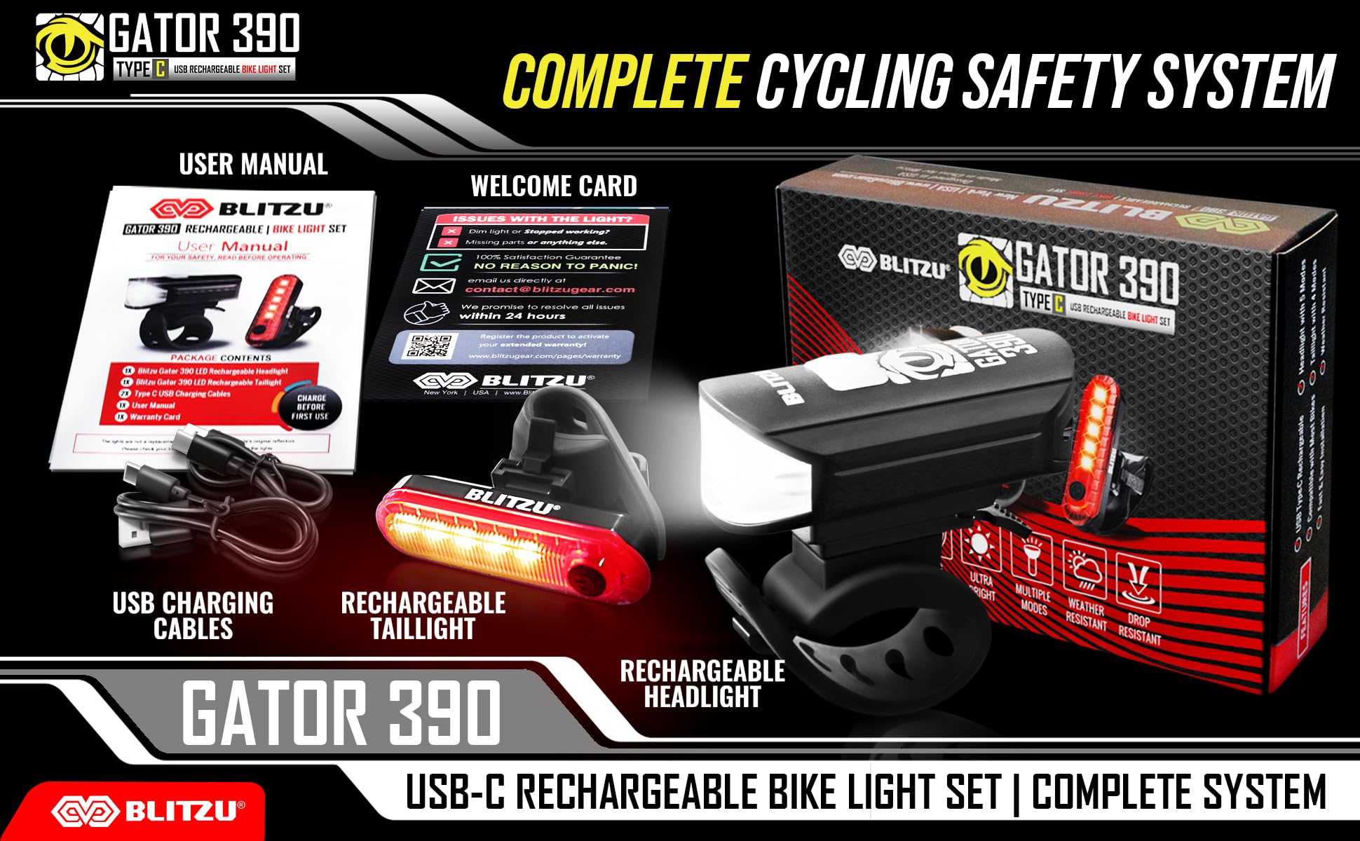 BLITZU Ultra Bright USB-C Rechargeable Bike Light Set - 1200 Lumen Waterproof Bicycle Headlight & Taillight Combo for Night Riding - Easy Install Cycling Safety Lights for Road/Mountain Bikes - Perfect for Commuting, Trail Adventures & Family Cycling
