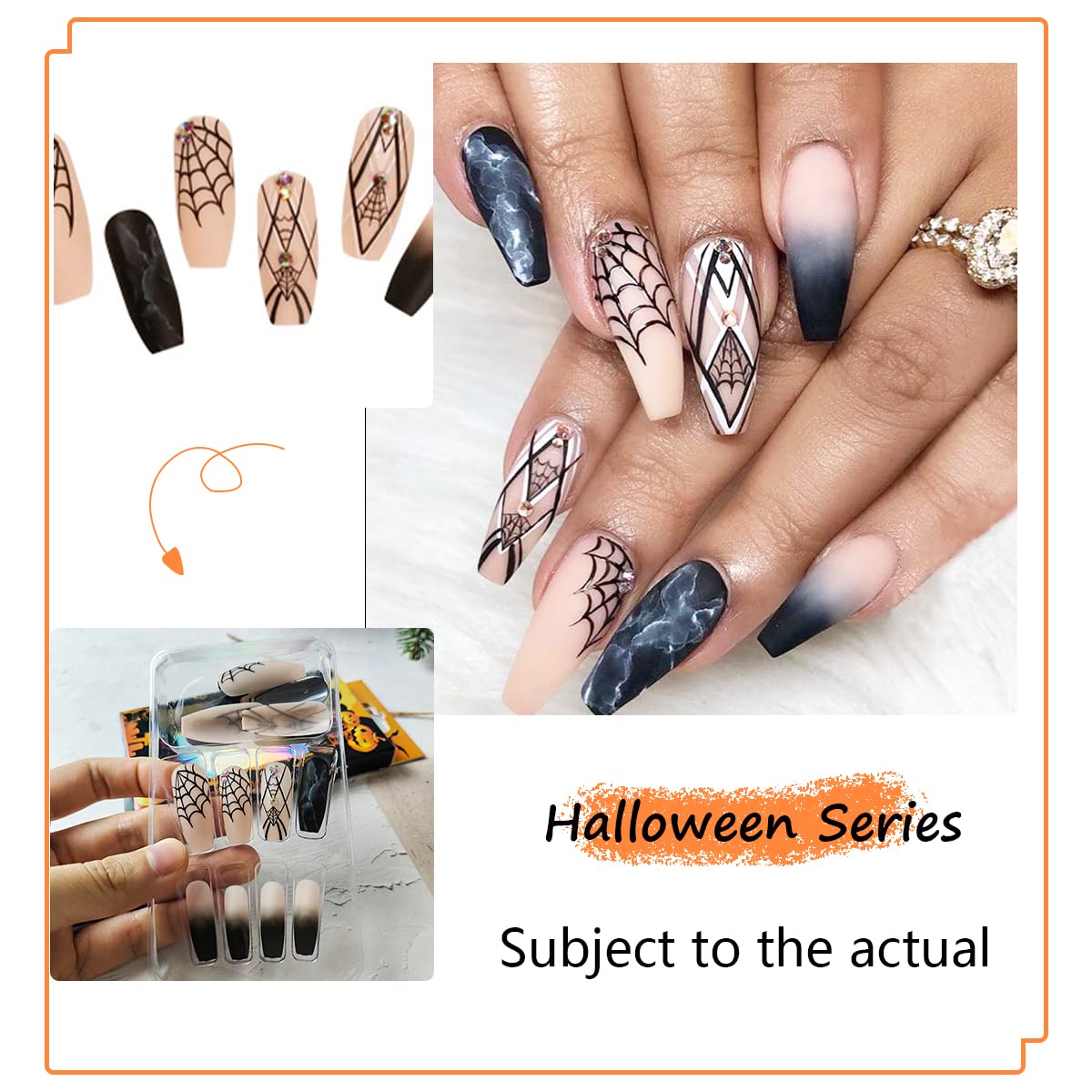 Halloween Press on Nails - 24Pcs Long French Fake Nails with Black Spider Web & Crystal Rhinestone Designs, Matte Acrylic Glue on Nails for Women & Girls | Perfect for Halloween Parties, Costume Events & Fall Nail Art