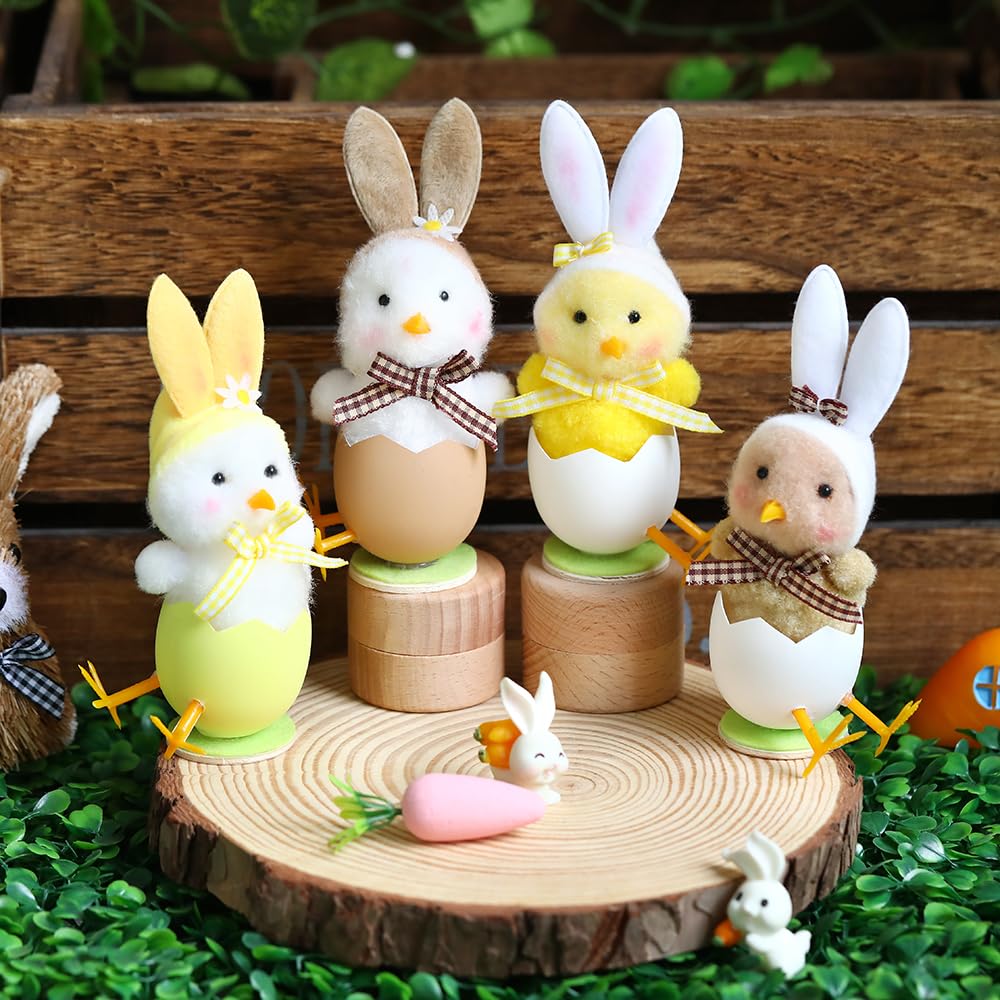 4-Pack Cute Plush Easter Chick Figurines with Bunny Ears - Spring Home Decor, Farm Chicken Theme Party Supplies for Easter Celebrations, Egg Hunts & Seasonal Table Centerpieces