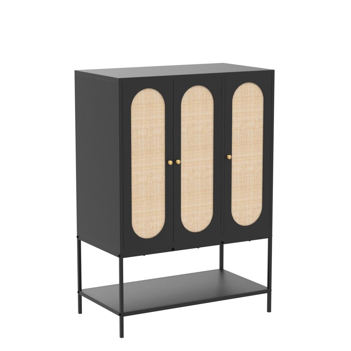 LEVNARY 3-Door Large Armoire Wardrobe Closet - Freestanding Rattan Cabinet with Hanging Rail for Clothes Storage, Wooden Closet Organizer for Bedroom, Black (47.24
