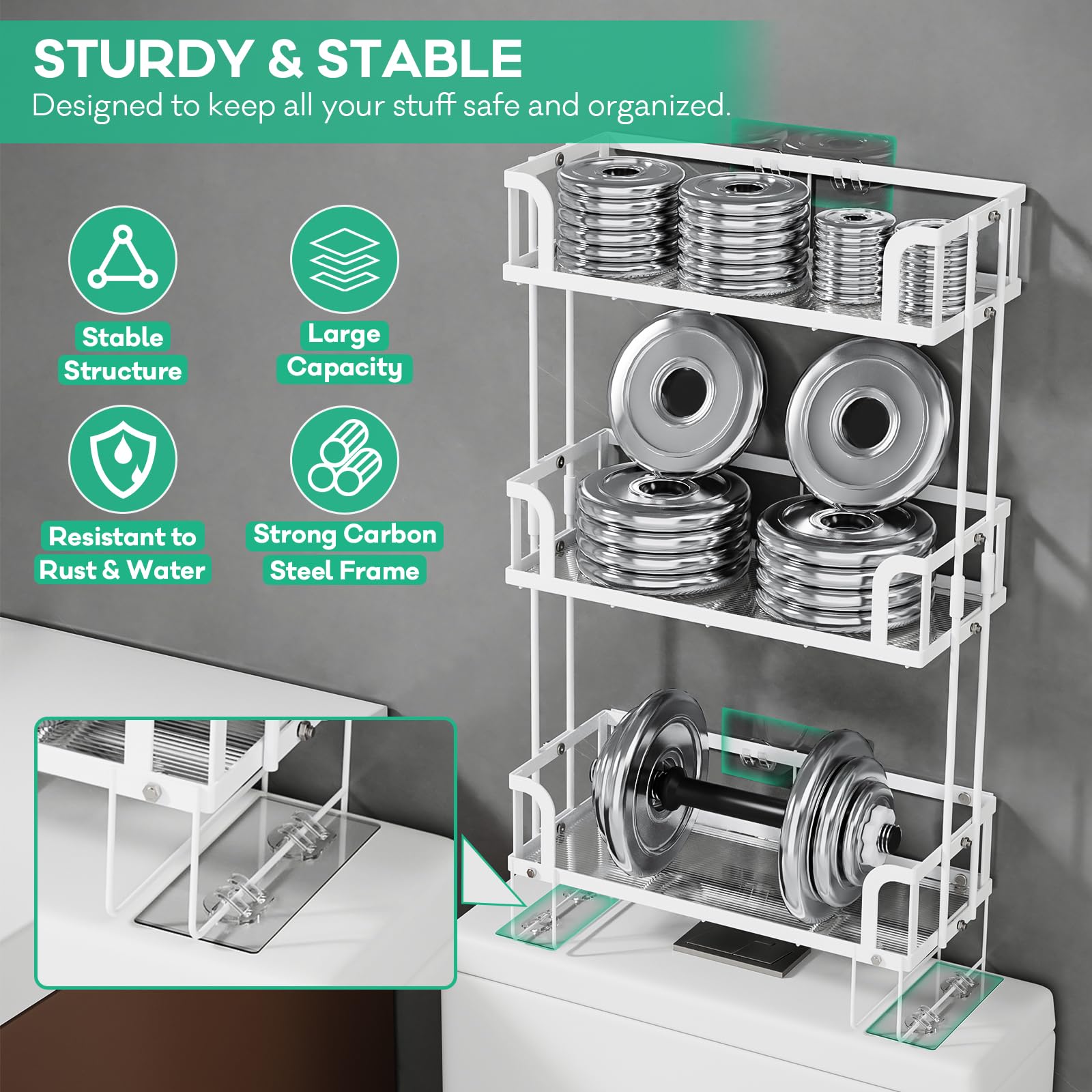 3-Tier Over Toilet Storage Organizer with Toilet Paper Holder - Wall Mounted Bathroom Shelves for Space Saving - Perfect for Small Bathrooms, Apartments & Dorm Rooms