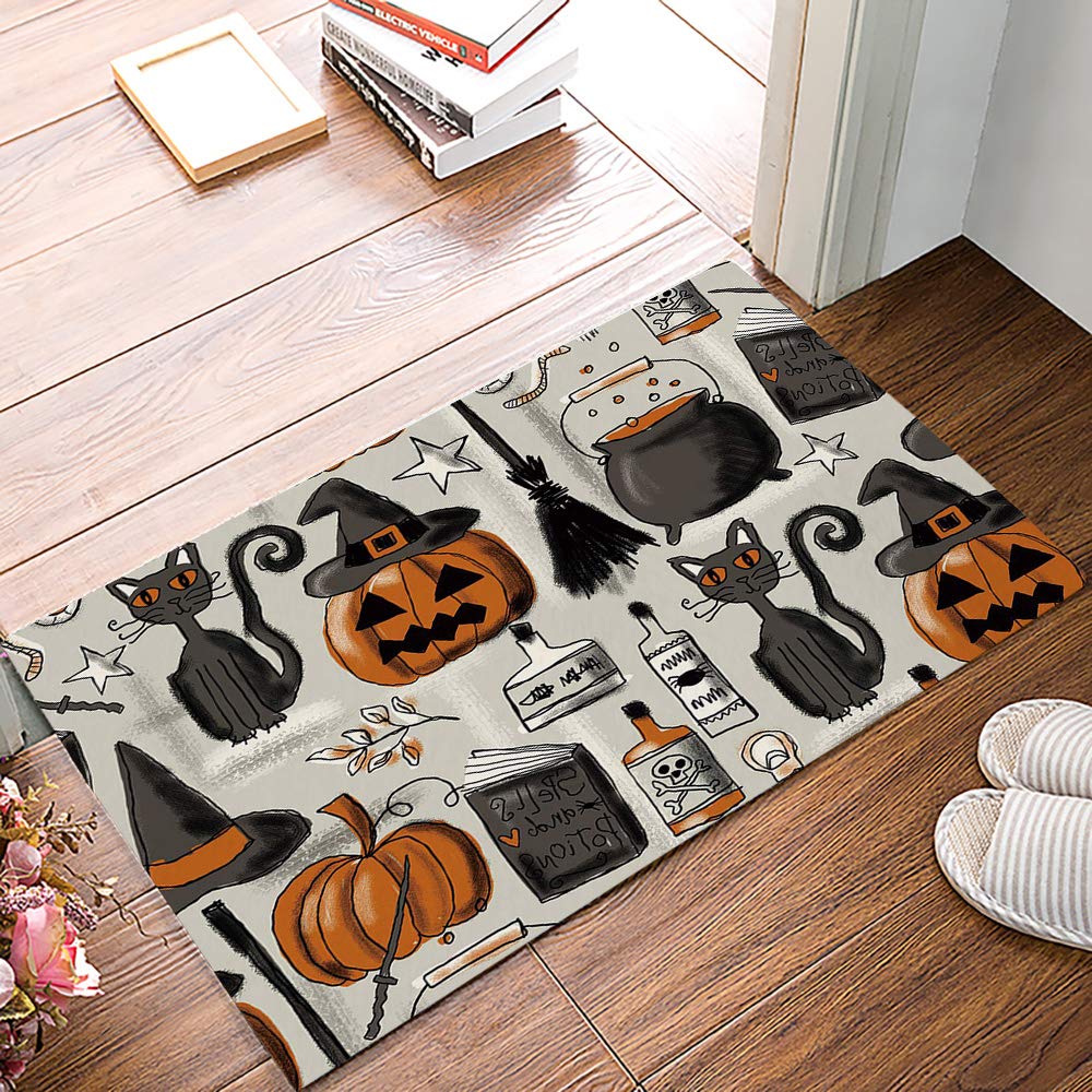 Non-Slip Halloween Doormat - 18x30 Inch Black Cat Witch Broom Pumpkin Design, Water Absorbent & Dirt Proof Front Door Rug for Entryway, Indoor, Garage - Perfect for Fall Decor & Spooky Welcome Mat