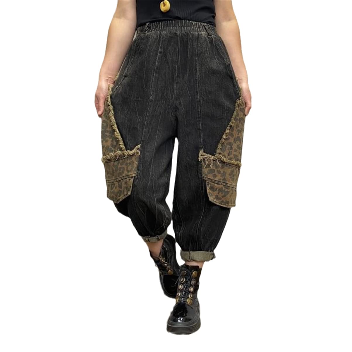 Distressed Denim Pants for Women - Raw Edge Splice Elastic Waist Drop Crotch Trousers | Casual Streetwear, Spring & Fall Fashion | Perfect for Everyday Wear, Outings and Layered Outfits