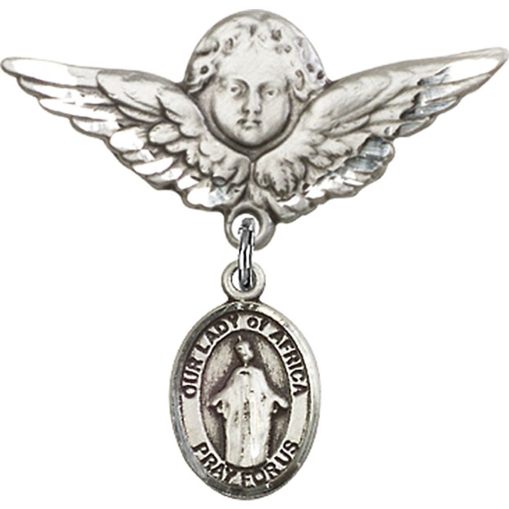 Sterling Silver Baby Badge Pin - Our Lady of Africa Charm & Angel with Wings - 1 1/8 X 1 1/8 Inches - Perfect for Christening, Baptism & First Communion Gifts