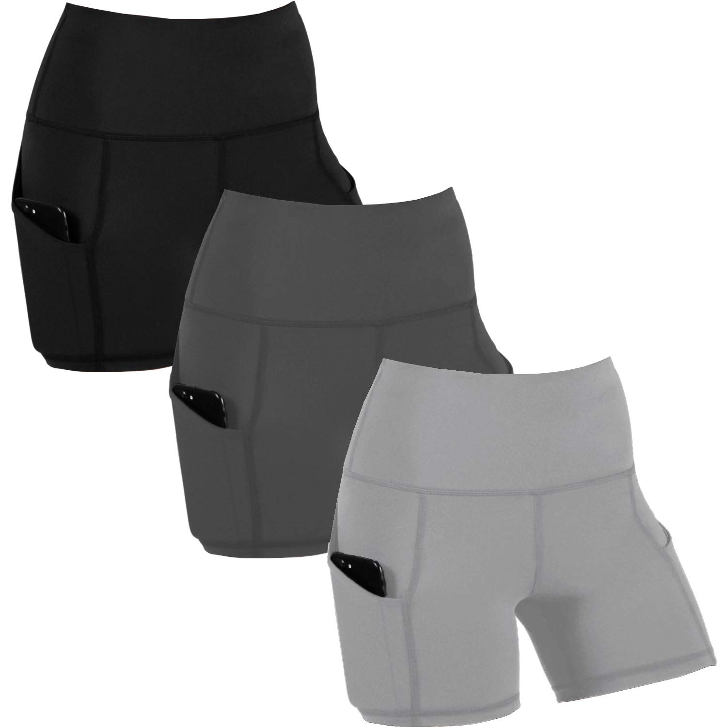NEWITIN 3-Pack High Waist Workout Shorts for Women - Yoga, Running & Gym Shorts with Side Pockets - Breathable & Comfortable Athletic Wear (Ideal for Yoga, Pilates, Jogging & Casual Wear)