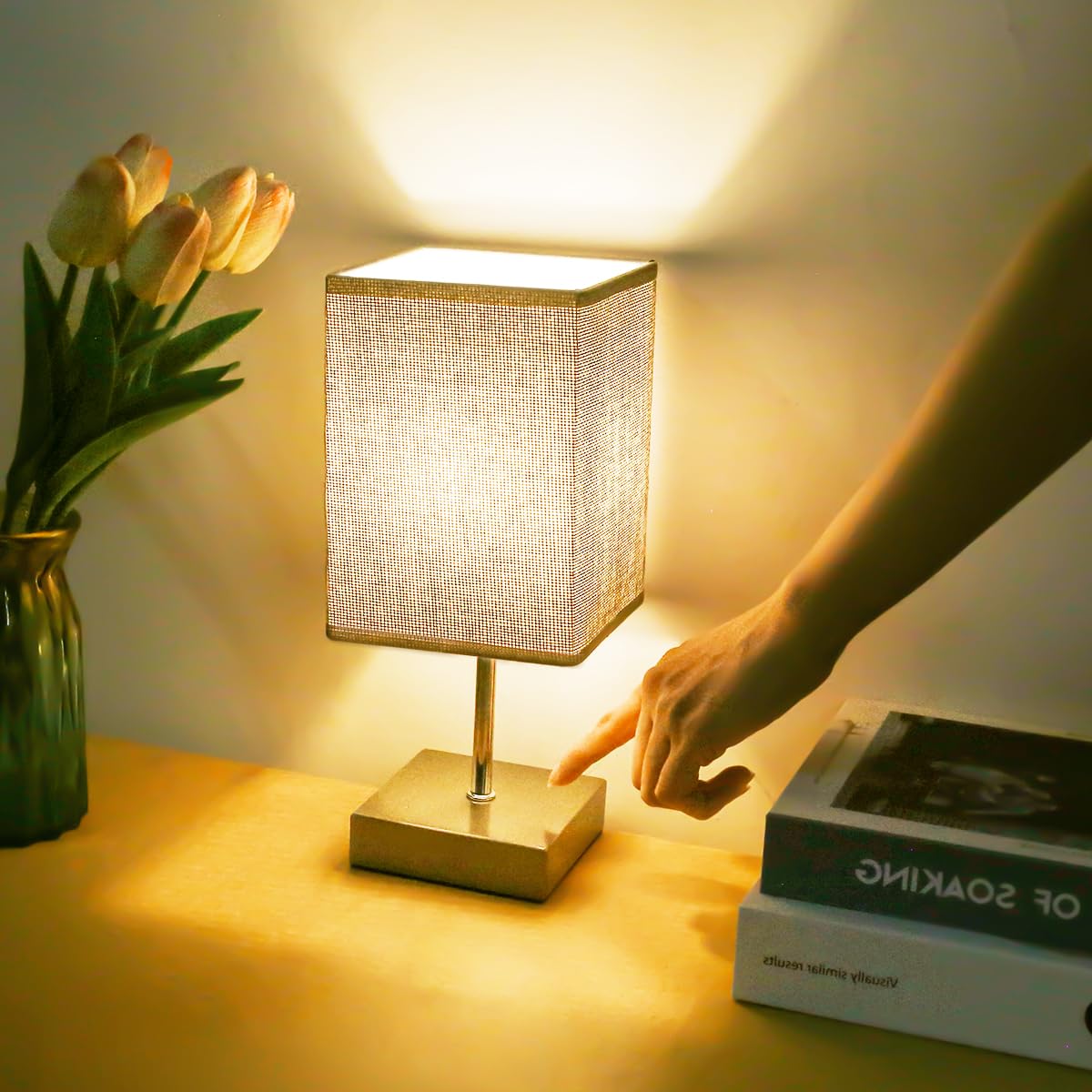 3-Way Dimmable Touch Control Table Lamp with Flaxen Fabric Shade - LED Bulb Included, Nightstand Lamp for Bedroom & Living Room (Gray) | Perfect for Reading, Relaxing & Creating Cozy Ambiance