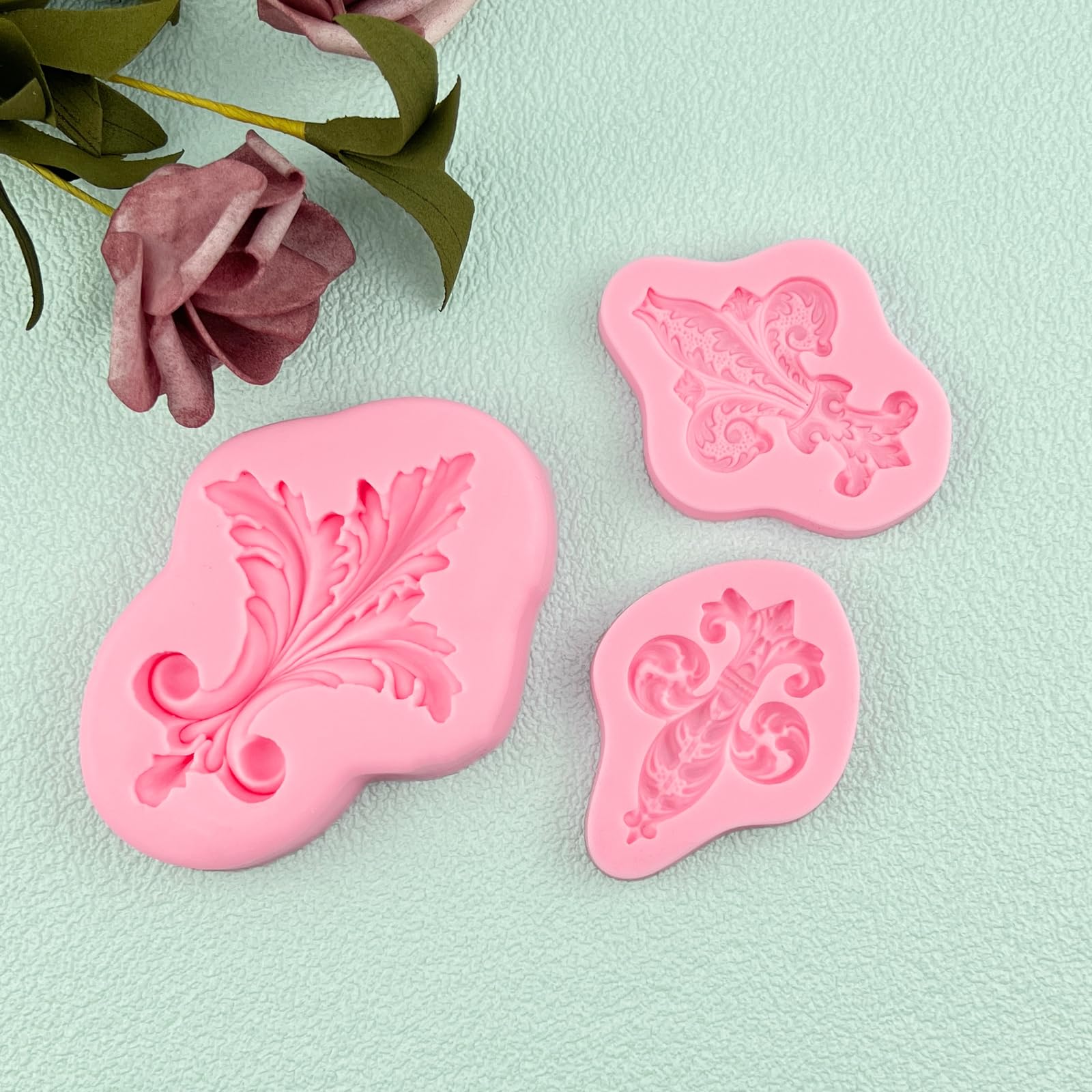 Baroque Embossed Feather Fondant Molds Set of 3 - European Relief Scroll Chocolate Silicone Molds for Baking & Crafts | Perfect for Cupcake Toppers, Flower Paste, Mousse, Candy, Sugar Craft, Gum Paste, Dough & Clay Projects | Ideal for Home Baking, Cake Decorating & DIY Resin Art