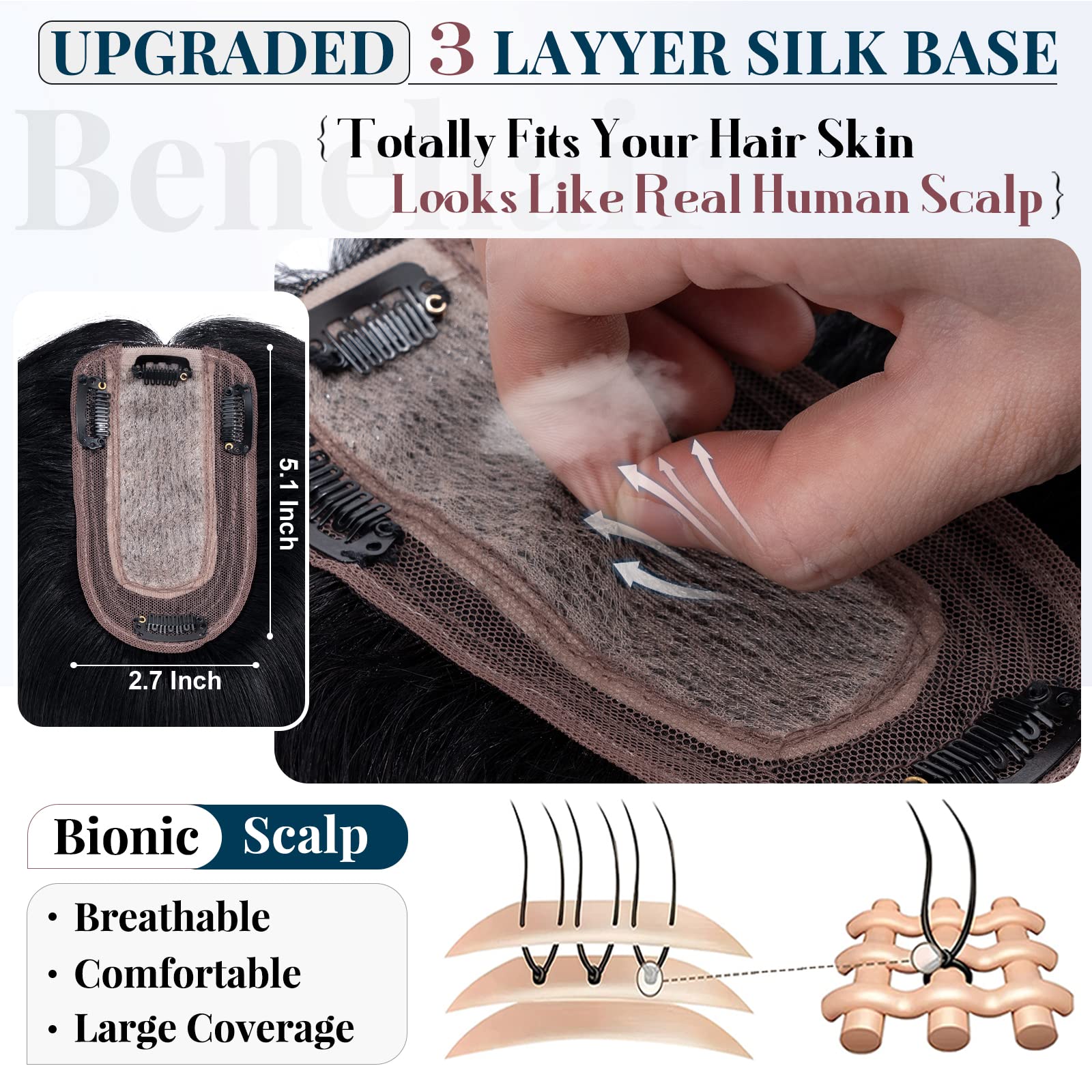 Benehair Clip-in Human Hair Topper for Women with Thinning Hair - 12