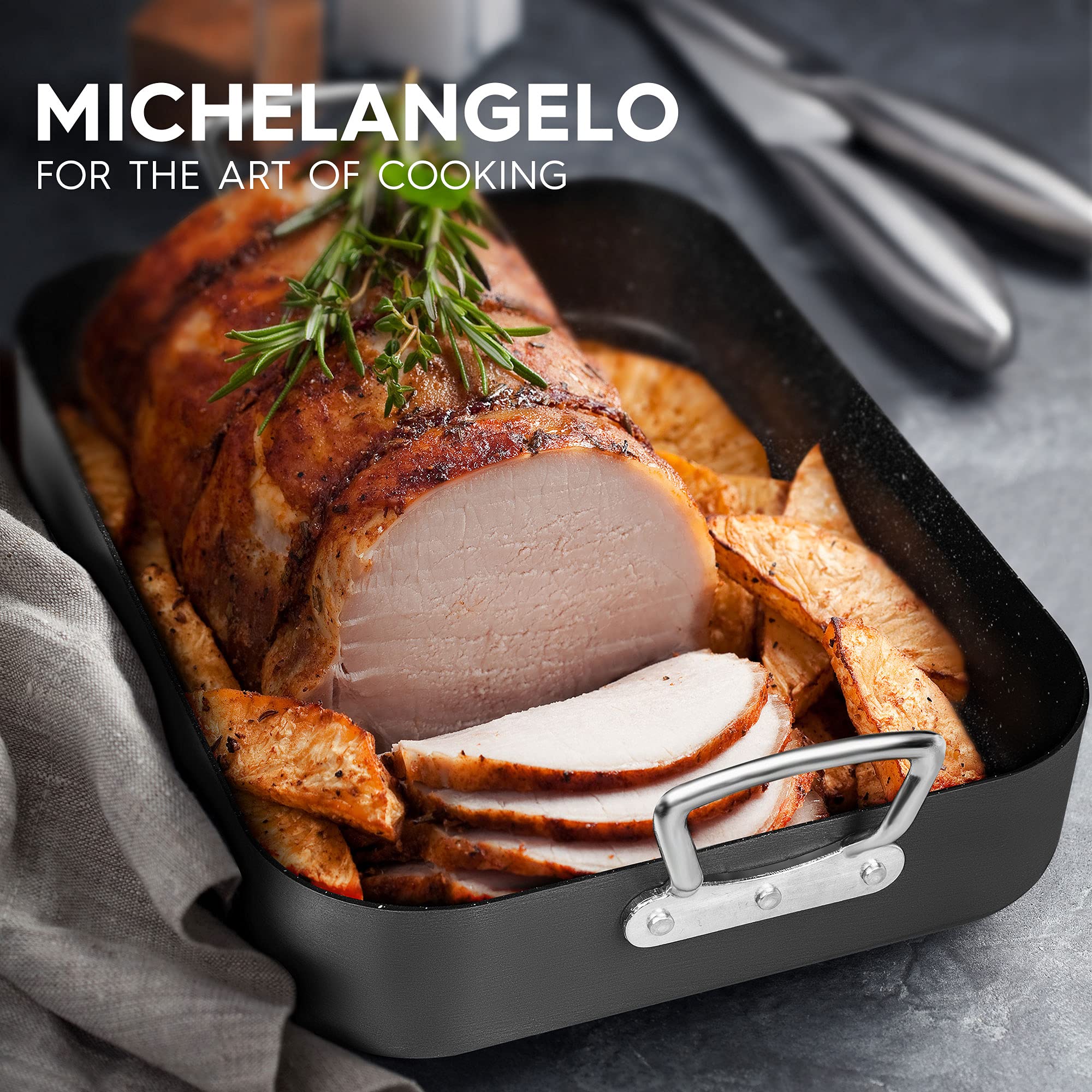 MICHELANGELO 16x12 Inch Nonstick Hard Anodized Turkey Roasting Pan with Rack - Large Oven Safe Roaster for Thanksgiving, Christmas, and Holiday Cooking - Perfect for Roasting Turkey, Chicken, Beef, and Vegetables