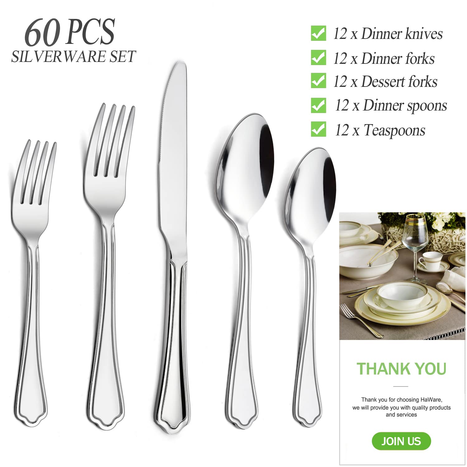 HaWare 60-Piece Stainless Steel Silverware Set for 12 - Modern Crown Edge Flatware Cutlery with Knives, Forks & Spoons - Dishwasher Safe for Home, Kitchen & Restaurant Use - Elegant Dining Utensils for Everyday Meals, Dinner Parties & Hospitality Settings