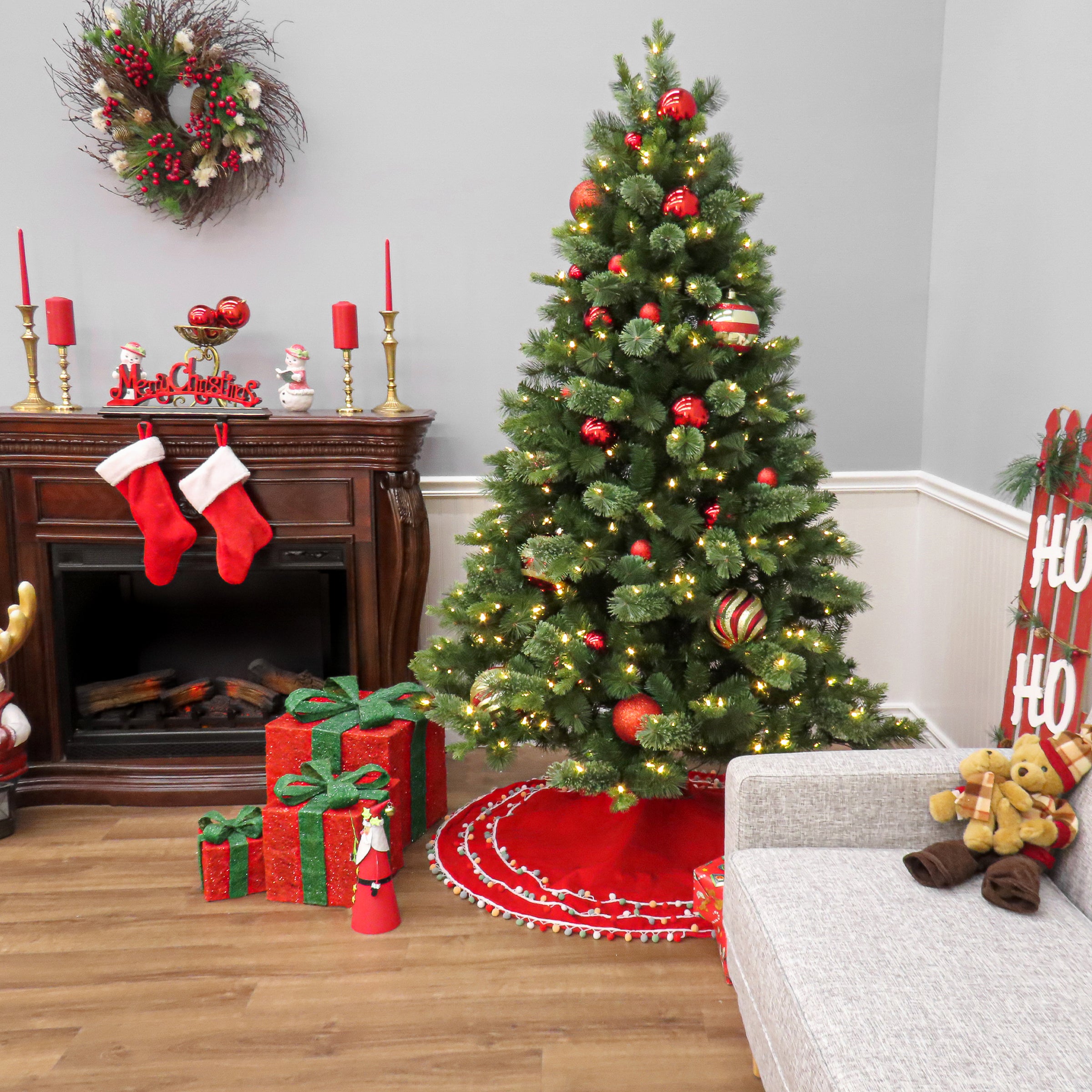 7 ft. Pre-Lit Montreal Pine Artificial Christmas Tree with Warm White LED Lights - Perfect for Home, Office, and Holiday Decorations