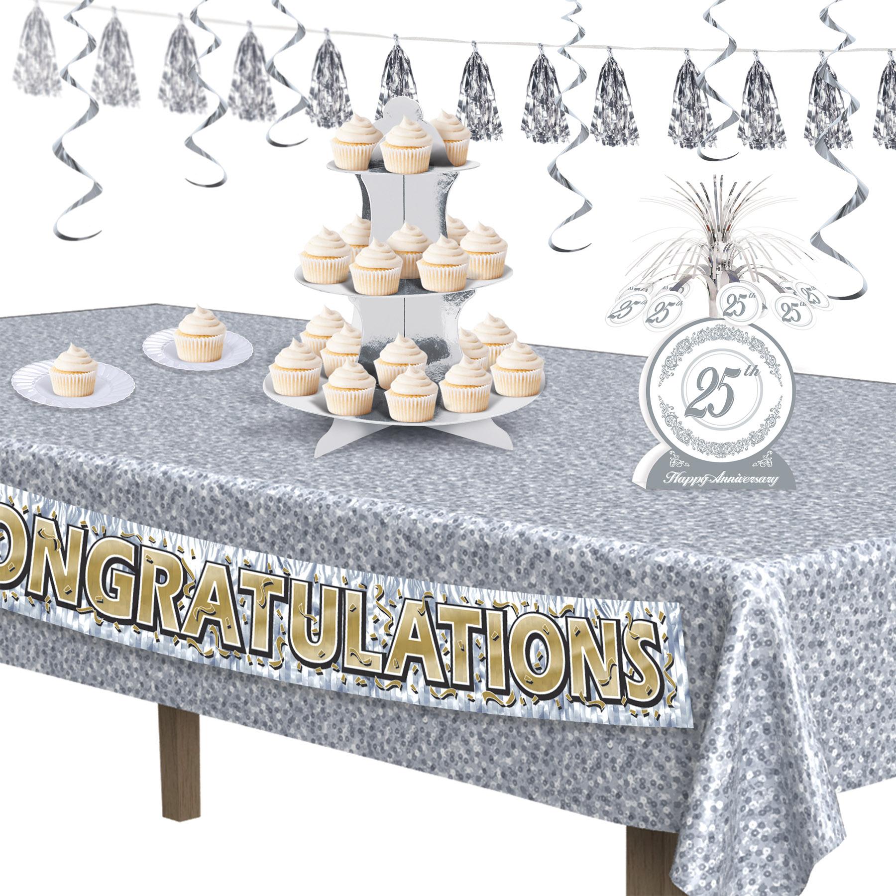 12 Pack Beistle 25th Anniversary Party Centerpieces - Silver & Black Table Decorations for Anniversary Celebrations, Weddings, and Special Events