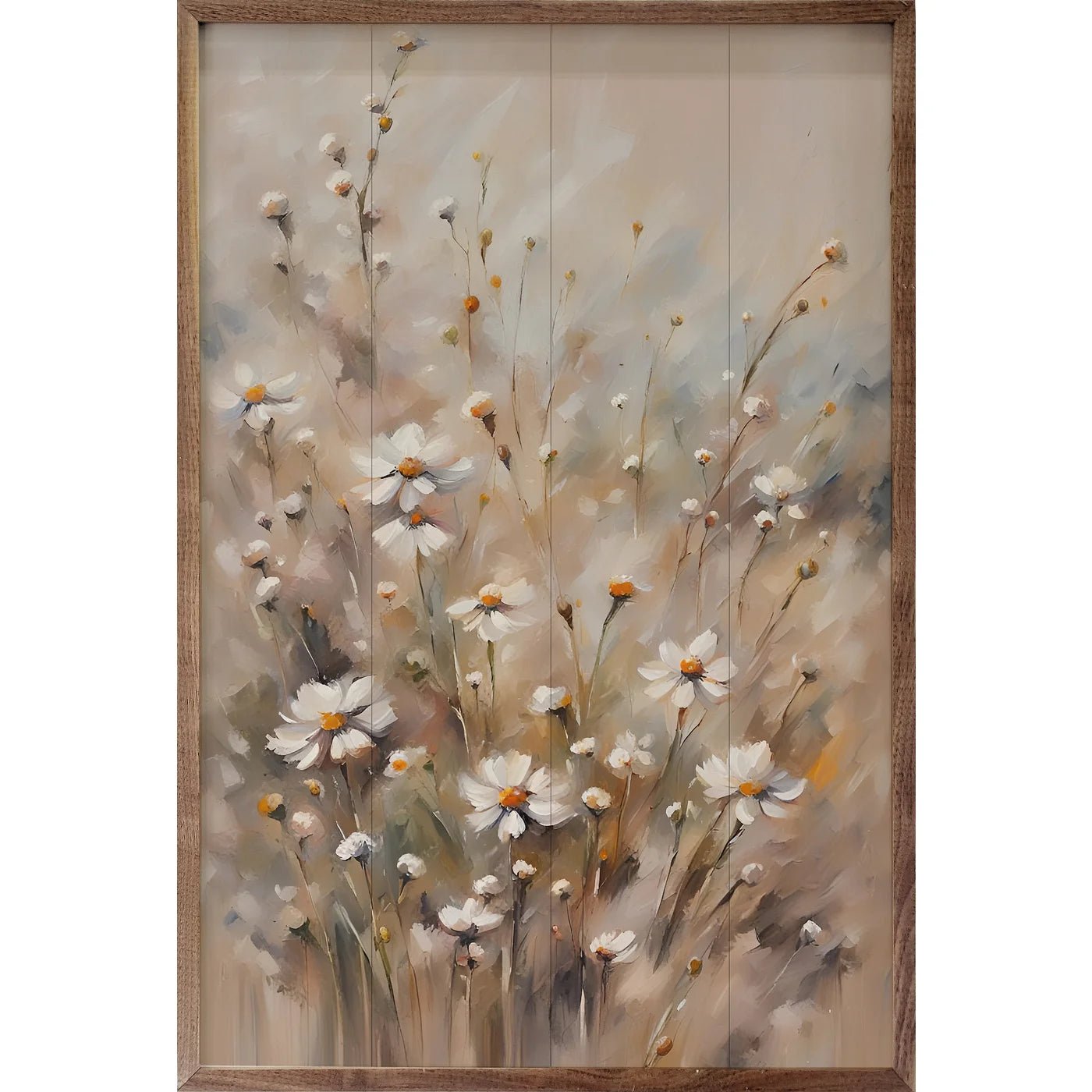 Brown and Tan Daisies Wood Framed Wall Art - Vintage Floral Home Decor for Living Room, Bedroom & Office
