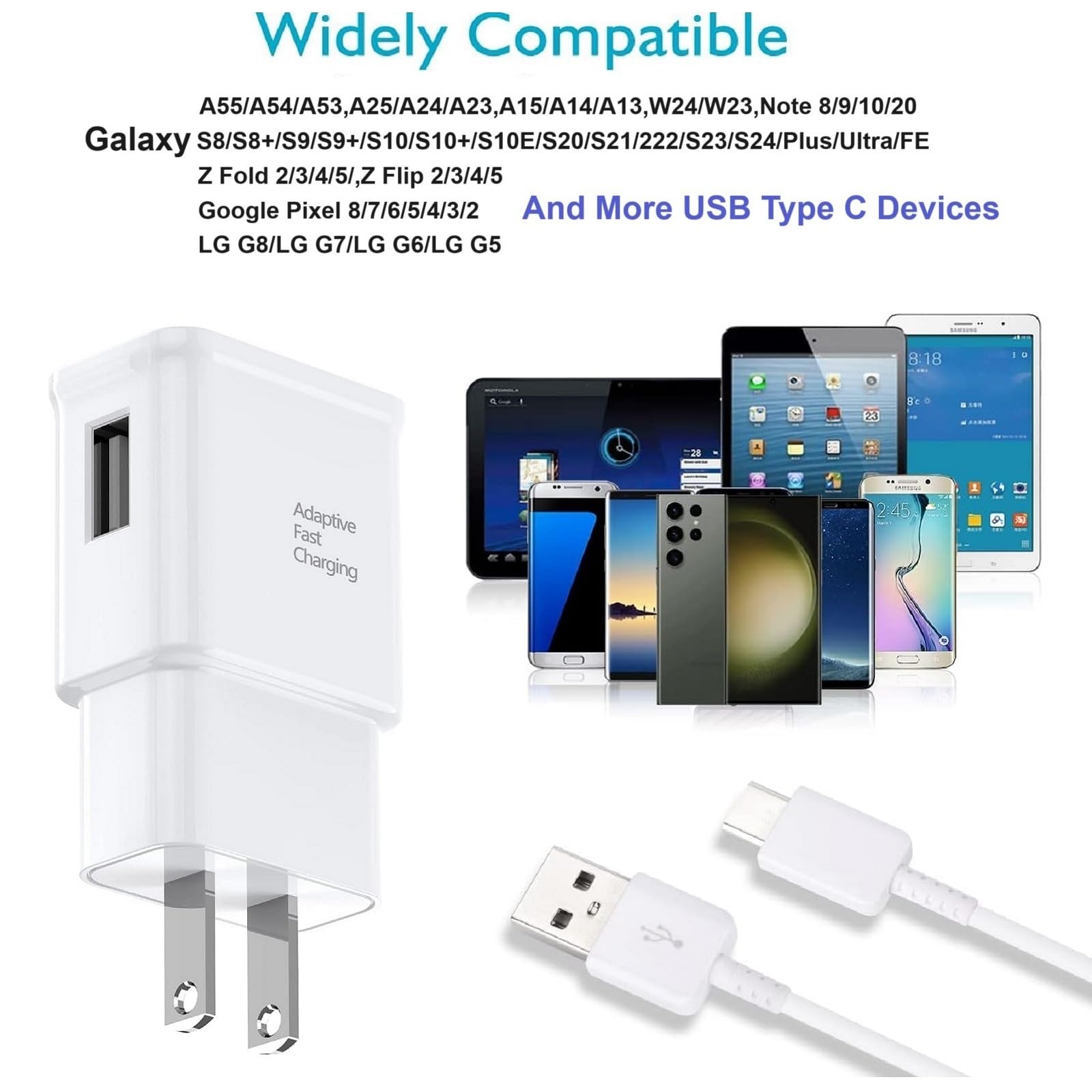 6FT USB-C Fast Charger Cable & Wall Adapter for Samsung Galaxy S9/S10/S20/S21/S22/S23/S24/S25 Plus/Ultra/FE, A14/A15/A16/A25/A35/A54/A55/A56 & Note 9/10/20 - Rapid Charging Cord with Power Block for Home, Office & Travel
