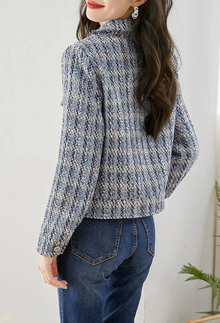 Blue Short Tweed Jacket for Women | Elegant Casual Blazer | Perfect for Office, Dating & Special Occasions