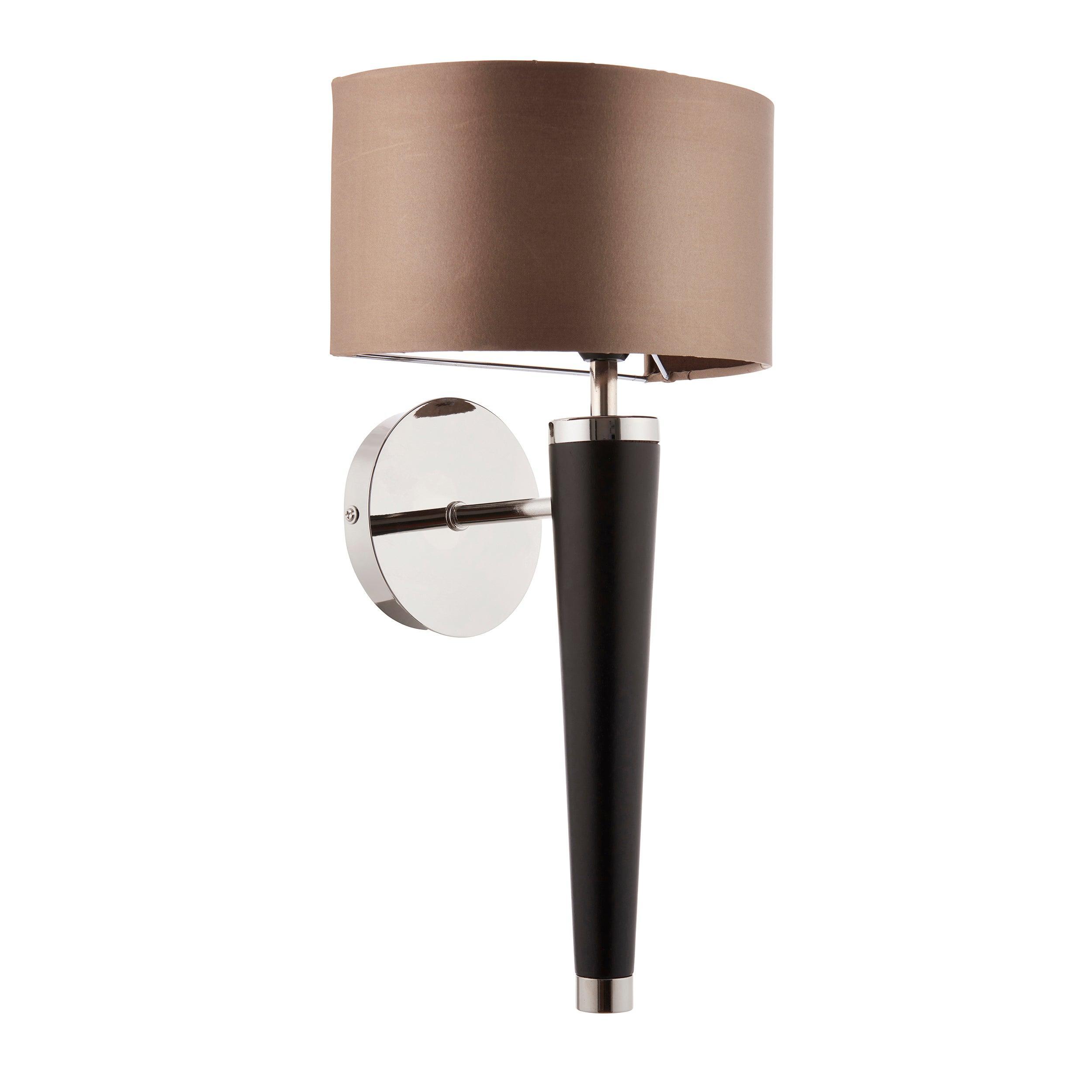 Corvina Walnut Effect Wood & Mink Faux Silk Wall Light - Elegant Home Decor Lighting for Bedroom, Living Room, and Hallway