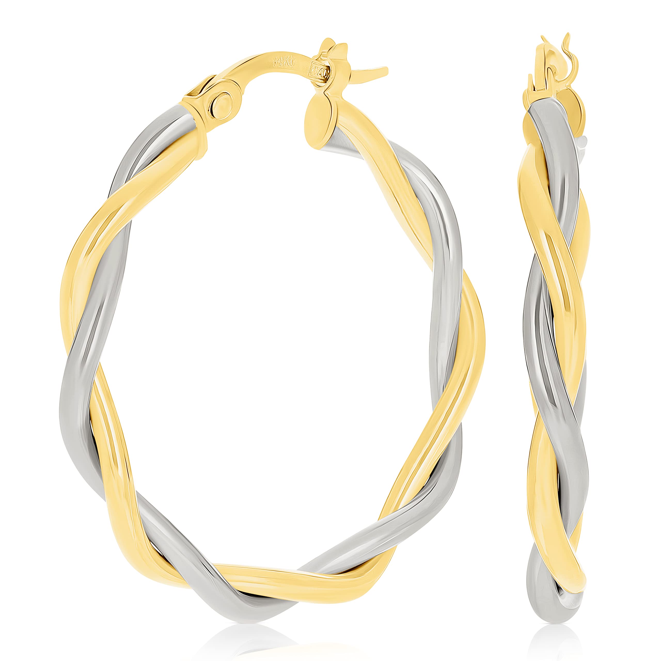 14K Italian Yellow & White Gold Twisted Hollow Hoop Earrings for Women - Medium Size Polished Elegance - Perfect for Weddings, Parties & Everyday Wear