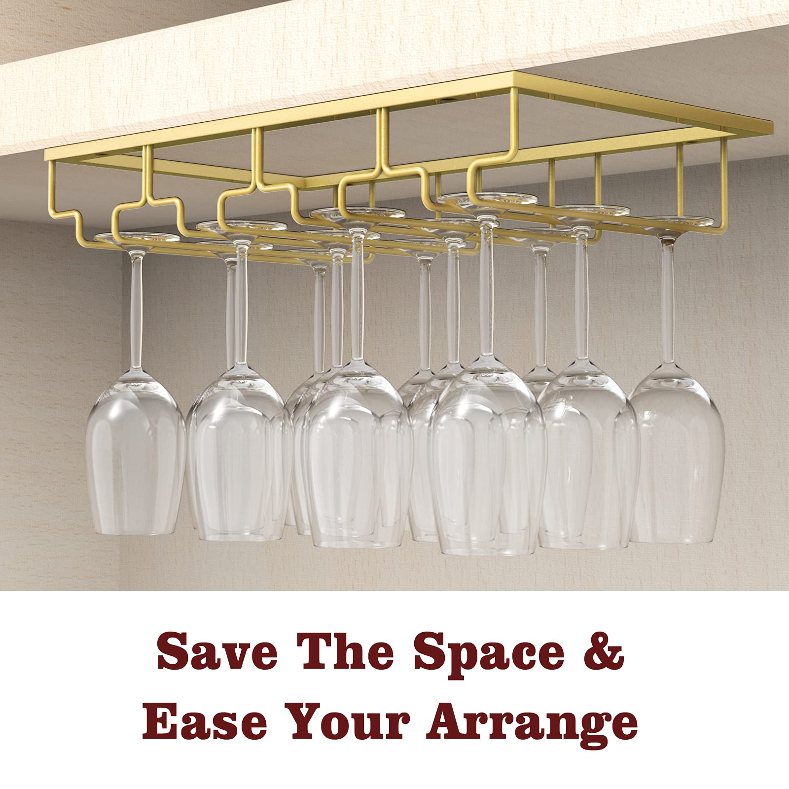 Nuovoware 4-Tier Under Cabinet Wine Glass Holder - Metal Stemware Rack Organizer for Bar & Kitchen Storage (Nano Gold) - Perfect for Hanging Wine Glasses, Champagne Flutes & Cocktail Cups in Home Bars, Restaurants & Wine Cellars