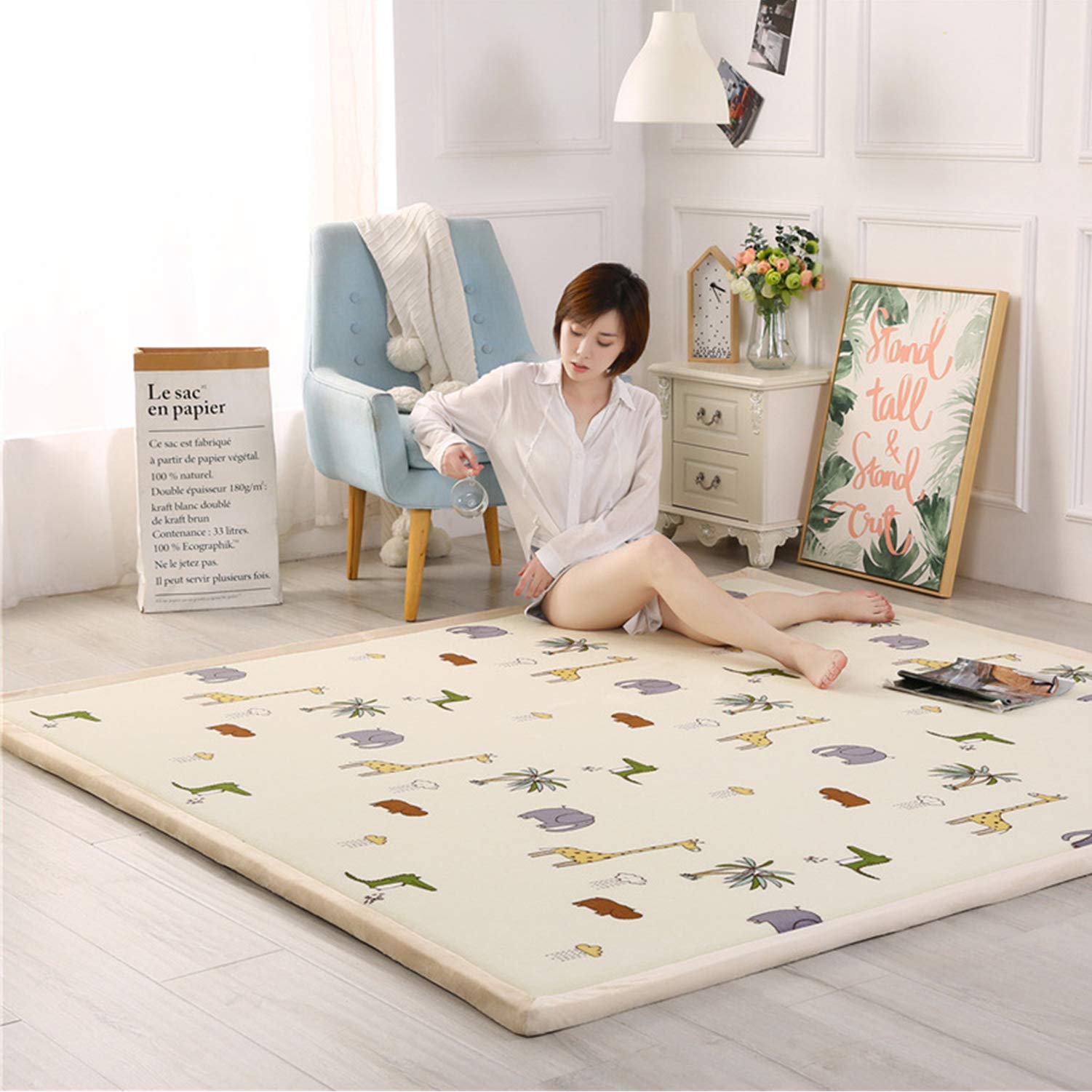 Loartee Soft Thick Coral Velvet Play Mat for Kids - 5x5 Feet Non-Toxic Anti-Skid Nursery Rug with Jungle Animals Design, Light Yellow Crawling Mat for Toddlers & Infants - Perfect for Playroom, Daycare, and Baby's First Steps (150x150cm)