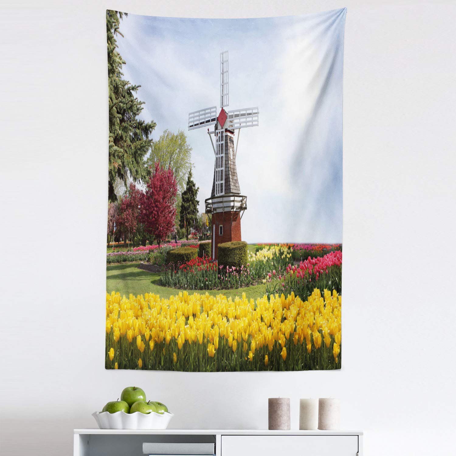Ambesonne Windmill Tapestry Wall Art - Traditional Dutch Garden with Blooming Flowers, Tulips & Trees - 30x45 Inch Multicolor Fabric Wall Hanging Decor for Bedroom, Living Room, Dorm - Perfect for Boho Home Decor, Nursery Accent Wall & Cozy Reading Nook
