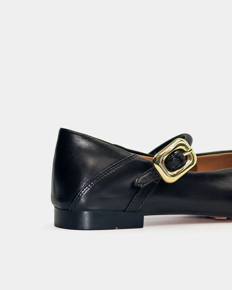 Black Calfskin Leather Flat Mary Jane Shoes for Women - Classic Comfortable Slip-On Ballet Flats for Work, Office & Casual Wear