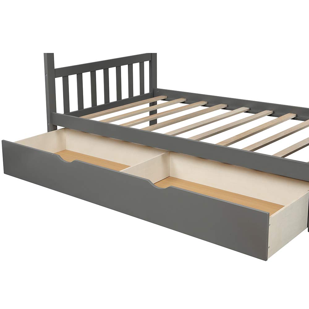 Twin Over Full Bunk Bed with Trundle - Solid Wood Bunk Bed Frame with Safety Guard Rails, Storage Shelves & Drawers, Convertible Bottom Bed (Gray) - Perfect for Kids' Bedrooms, Guest Rooms & Small Spaces
