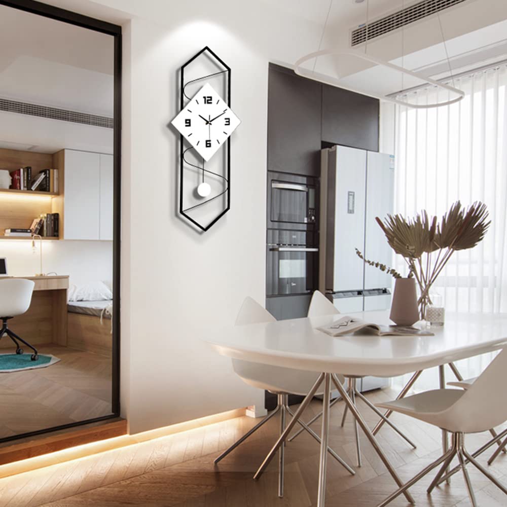 Modern Silent Pendulum Wall Clock - Metal & Solid Wood Decor for Living Room, Bedroom, Office - Black & White | Perfect for Home Decor, Office Spaces & Gift Giving