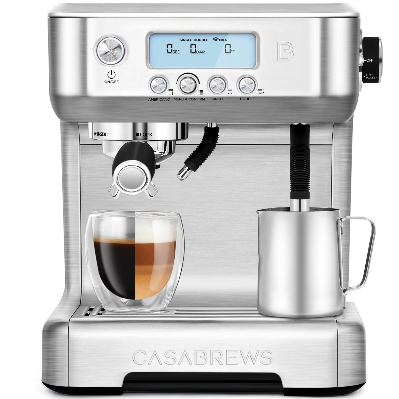 CASABREWS 20 Bar Professional Espresso Machine with Automatic Milk Frother & Dual Boiler System - LCD Display Cappuccino Latte Maker with Hot Water Function for Americano (Silver) - Perfect for Home Baristas & Coffee Enthusiasts
