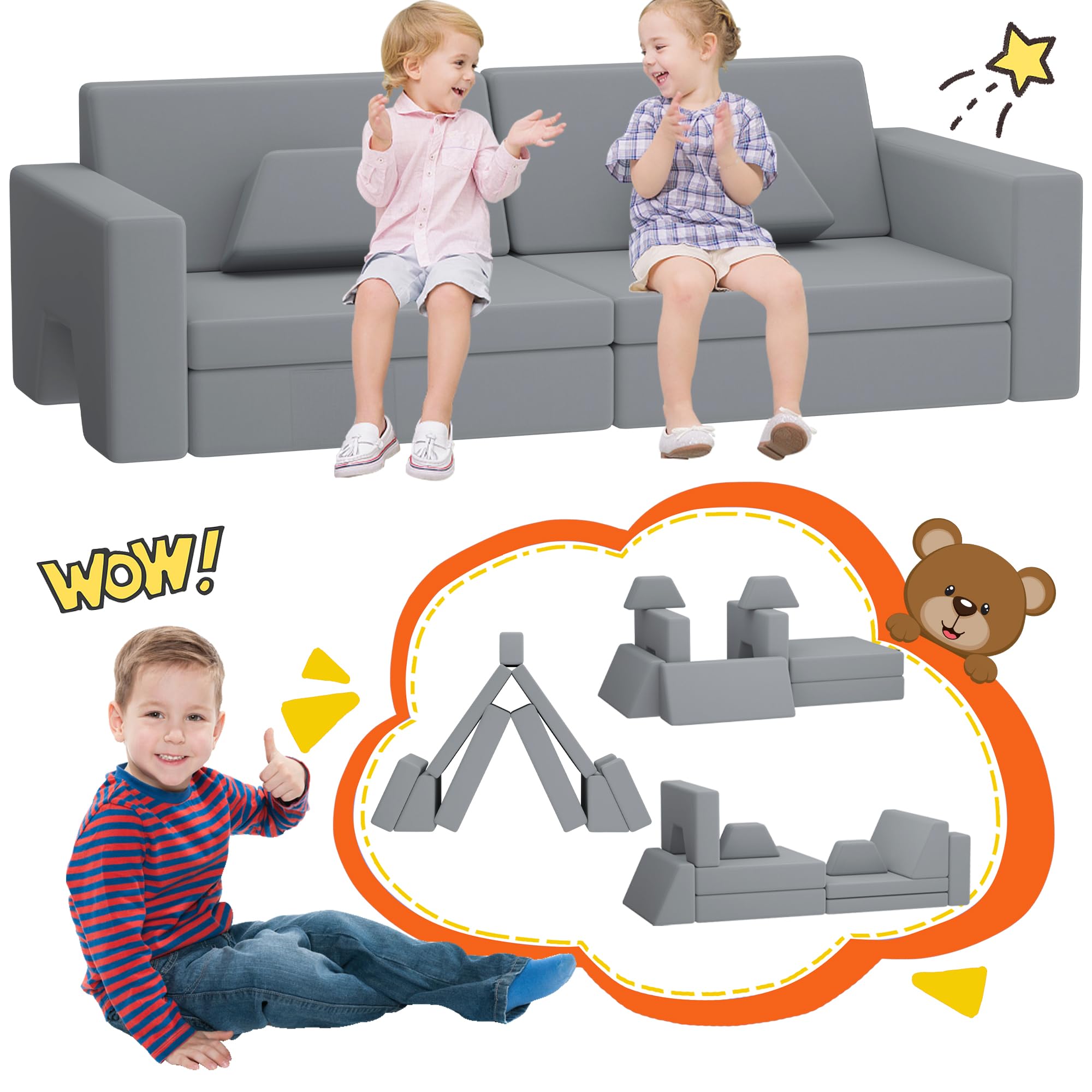 10-Piece Modular Kids Play Couch - Soft Foam Toddler Sofa for Building Forts & Playroom Fun | Durable, Washable & Safe for Babies & Children | Perfect for Indoor Play, Learning & Creative Activities