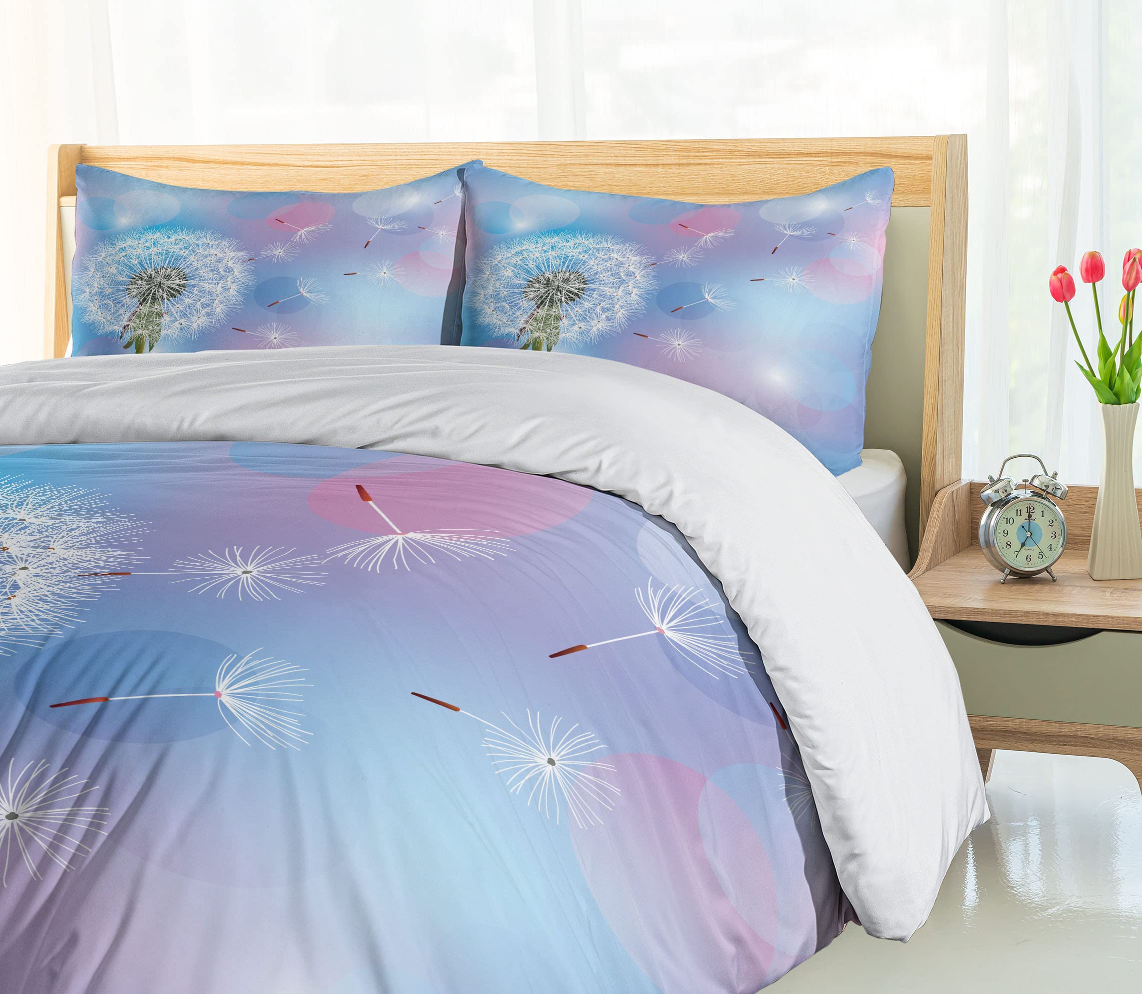 Ambesonne Dandelion Duvet Cover Set 3-Piece - Bokeh Floral Design with Wind-Blown Flowers, California King Size in Sky Blue, Pale Pink & Green | Soft Bedding for Spring Decor, Guest Room Makeover & Cozy Bedroom Upgrade