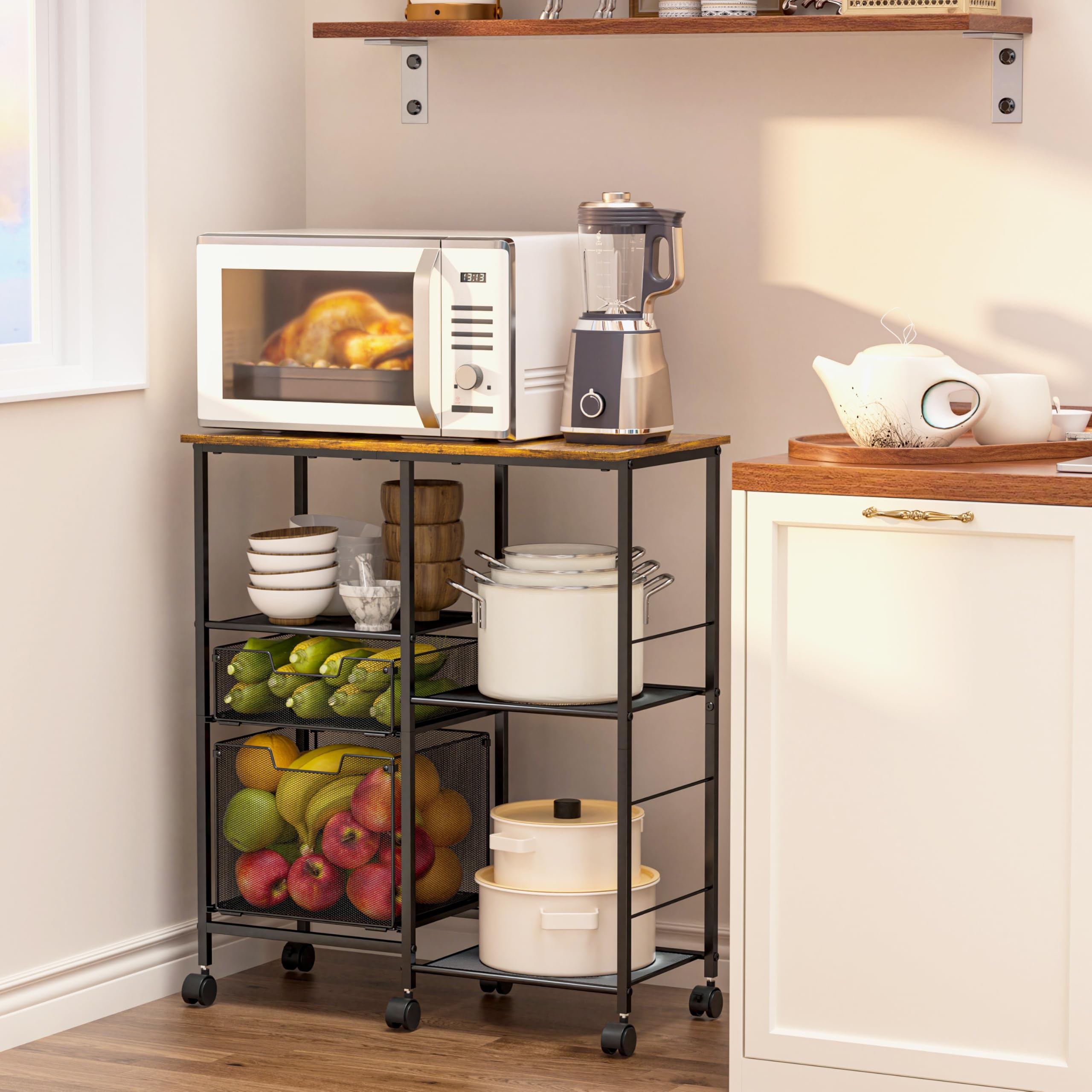 Rolling Microwave Cart with Storage & Drawers - Mobile Kitchen Island Cart with Wheels, Bakers Rack & Coffee Bar Station - Perfect for Small Kitchens, Apartments & Pantry Organization