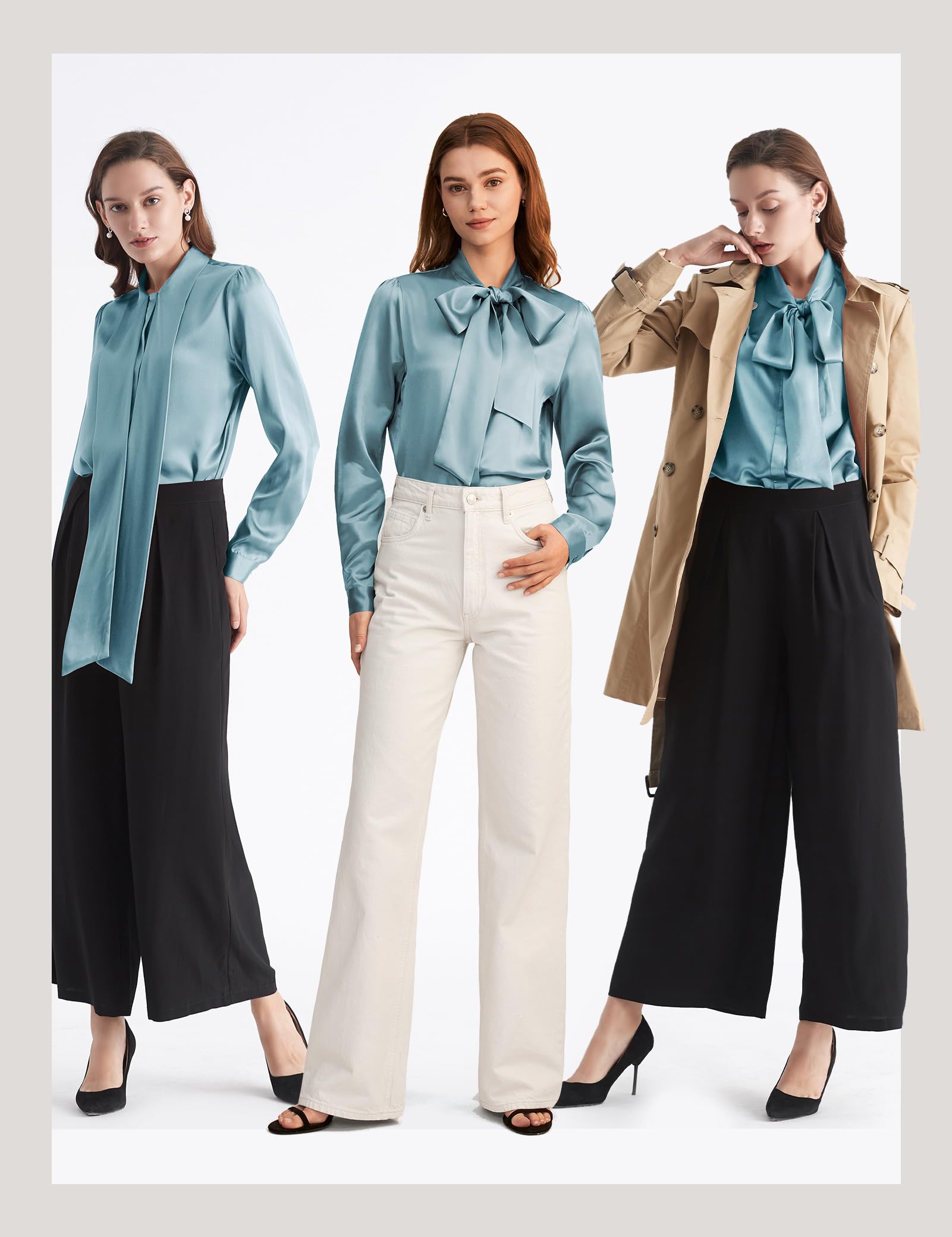 LilySilk Women's Vintage Bow Tie Neck Long Sleeve Silk Blouse - 100% Pure Silk Button Down Shirt for Office, Date Night & Special Occasions