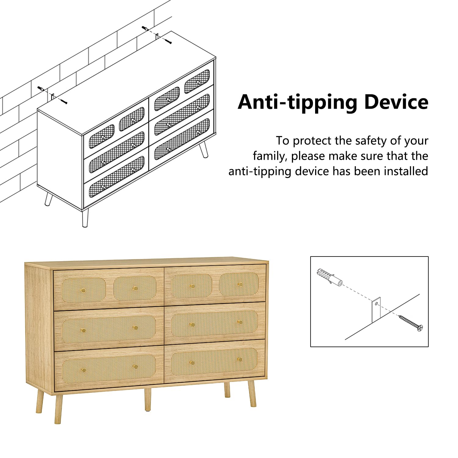 Modern Rattan Dresser for Bedroom - 6 Drawer Double Dresser with Gold Handles, Natural Wood Storage Chest - Perfect for Bedroom Organization & Home Decor