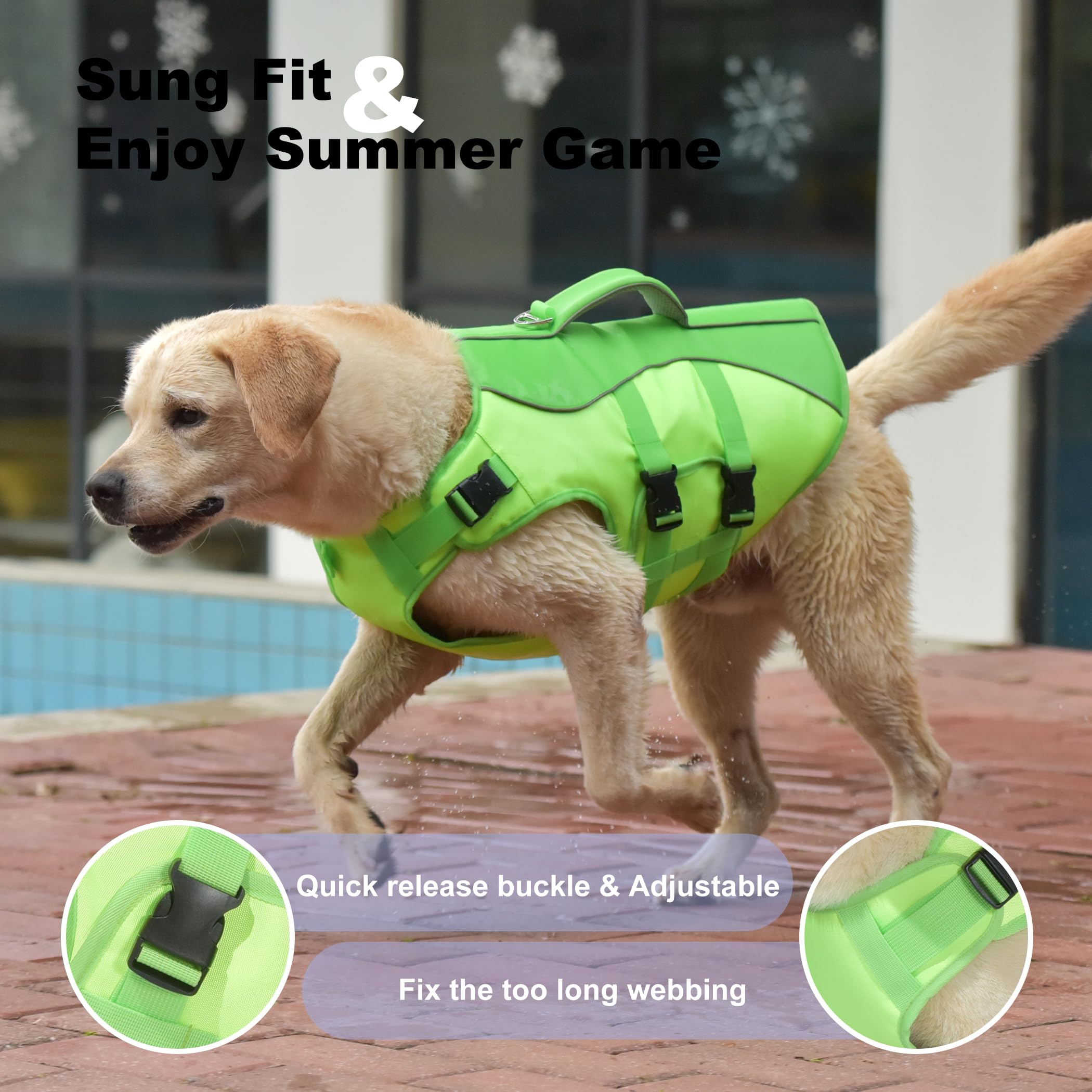 Reflective Dog Life Jacket with Rescue Handle - Adjustable High Buoyancy Flotation Vest for Small, Medium & Large Dogs (Green, Size M) - Perfect for Swimming, Boating & Water Safety