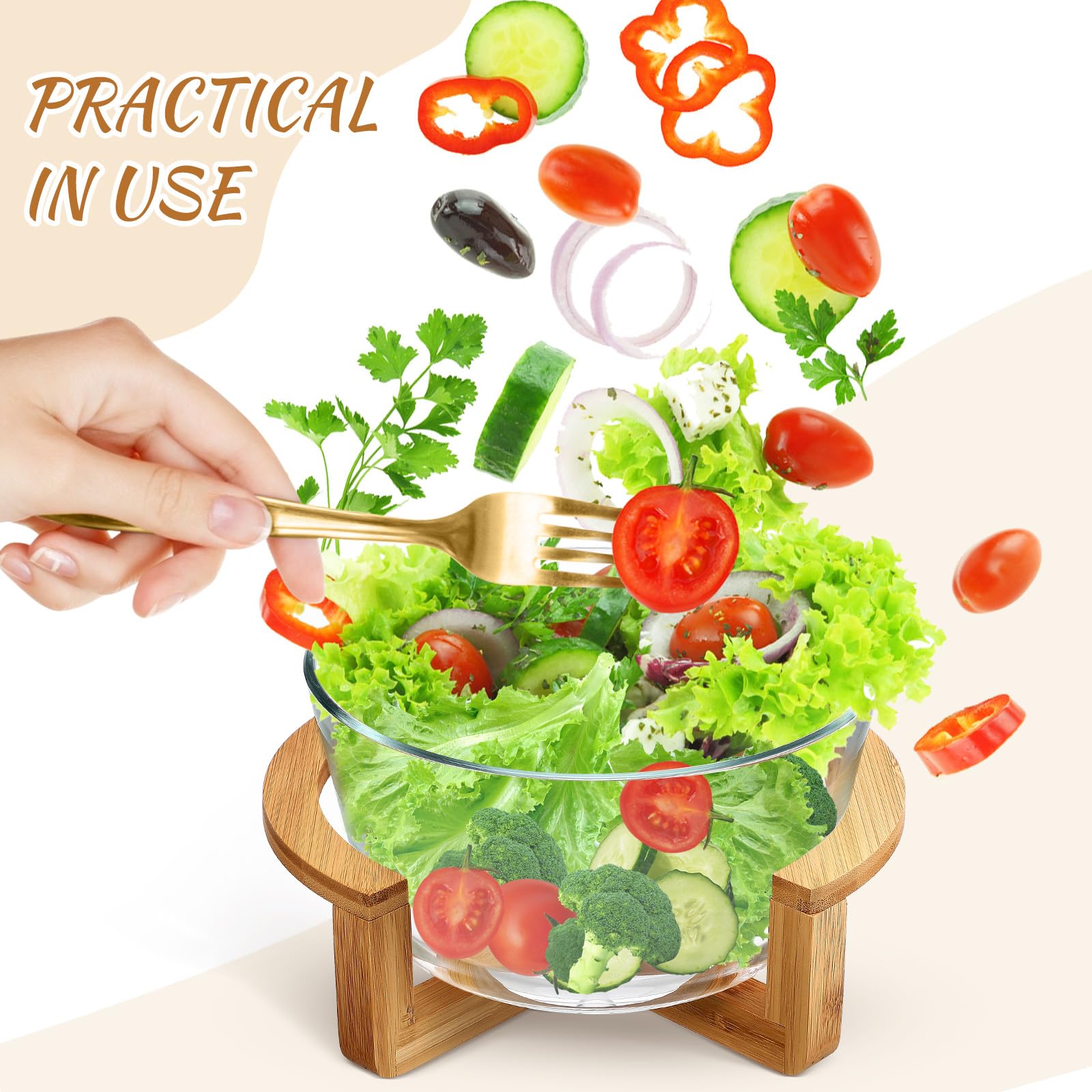 HEMOTON 2500ml Glass Salad Bowl with Wood Stand - Kitchen & Party Serving