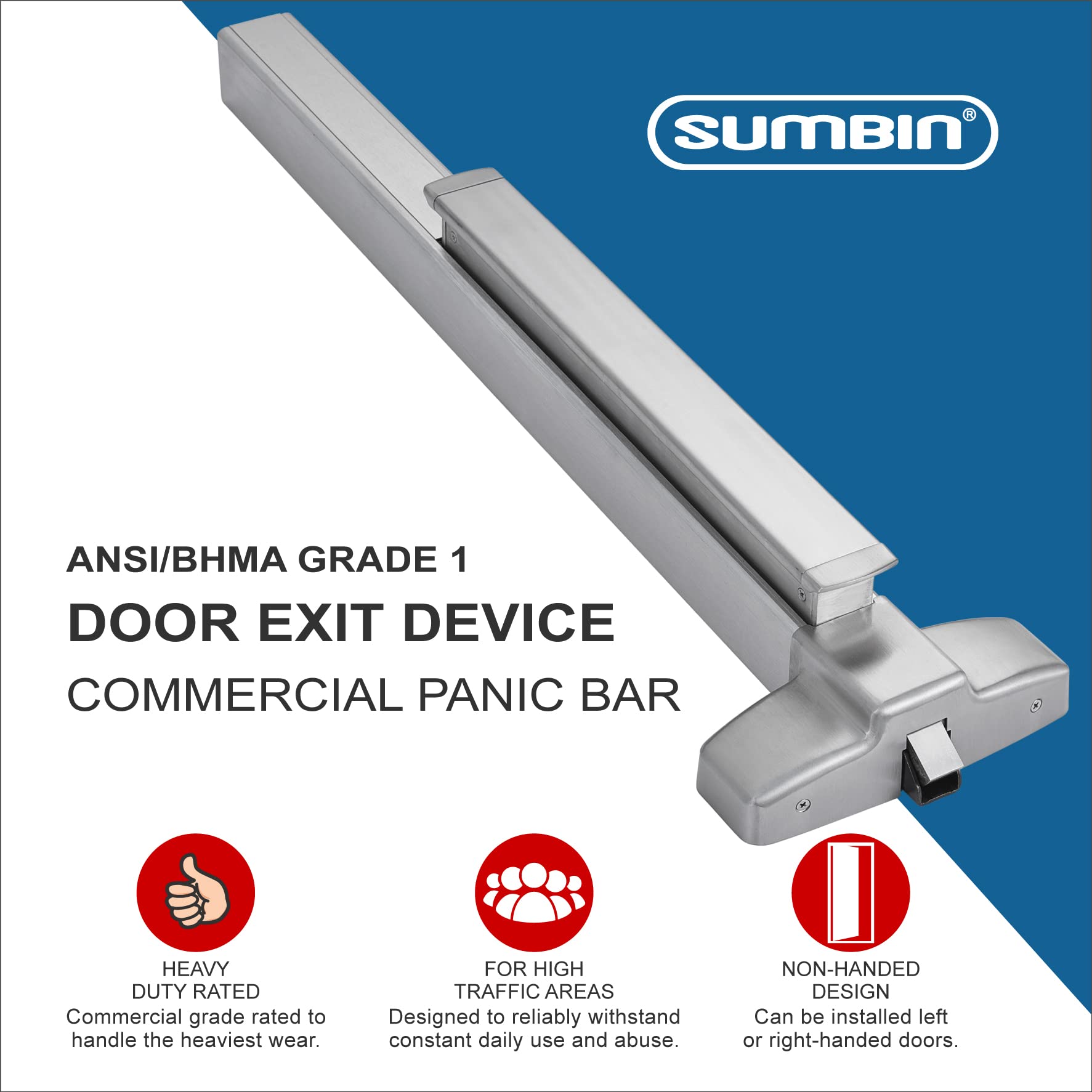 ANSI Grade 1 Stainless Steel Commercial Push Panic Bar & Emergency Exit Device - Ideal for Office Buildings, Schools, and Public Safety Applications