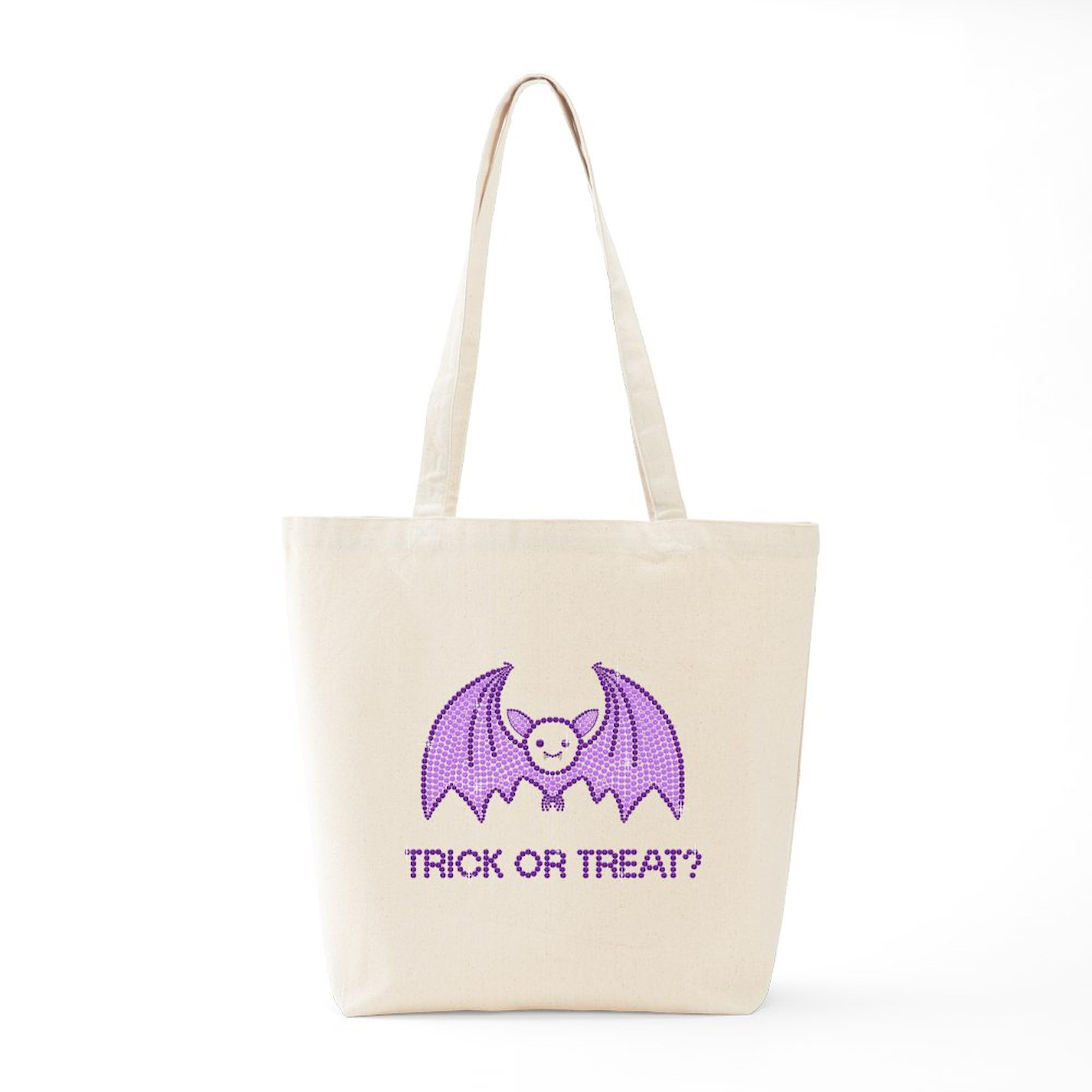 Cute Halloween Rhinestone Bat Tote Bag - Natural Canvas Reusable Shopping Bag for Women, Groceries, Beach & Everyday Use