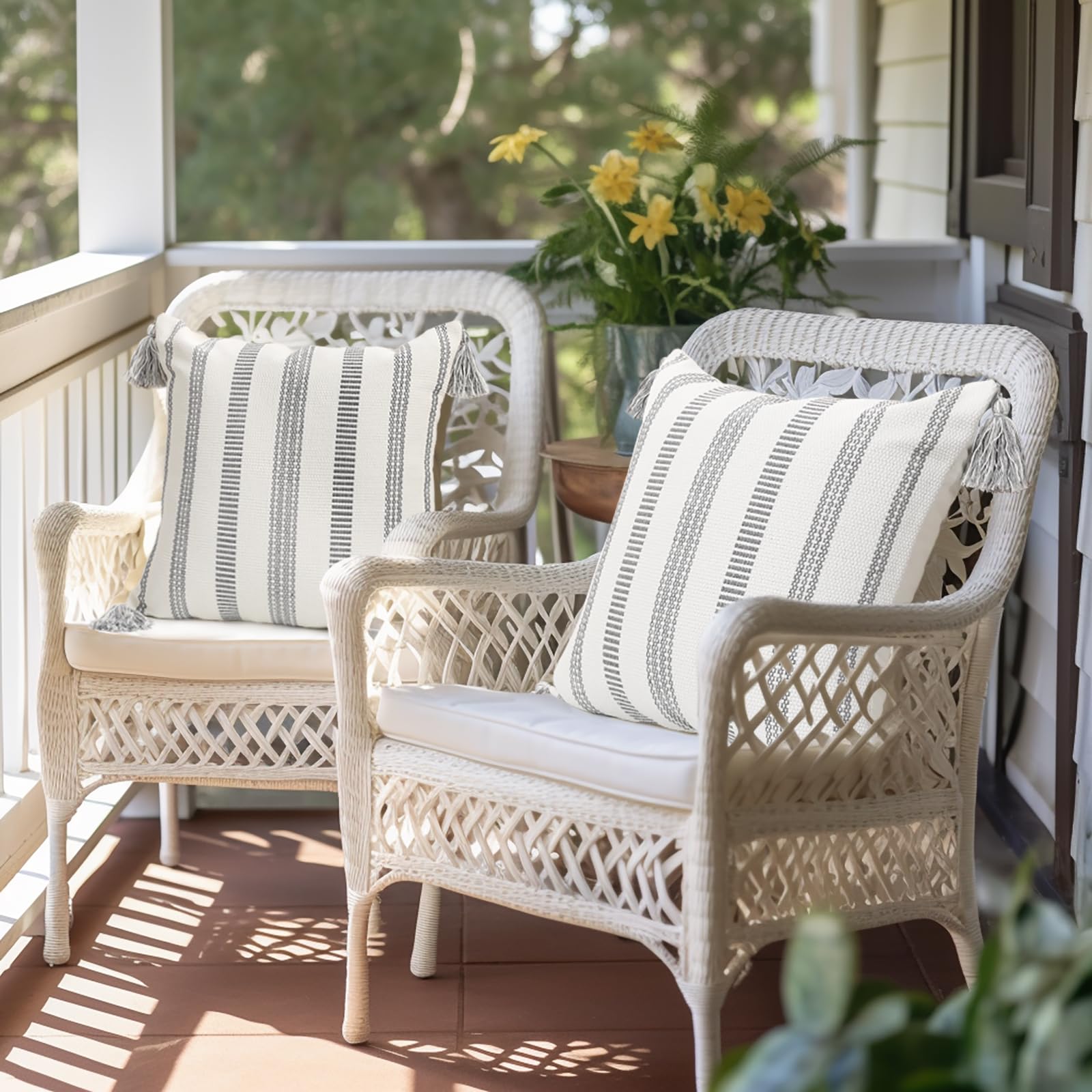Smile Bee Spring Boho Outdoor Throw Pillow Covers Set of 2 - Decorative Woven Striped Cushion Covers with Tassels for Couch, Bed & Sofa (20x20 Inch, Grey & Cream White) - Perfect for Living Room, Patio & Boho Home Decor